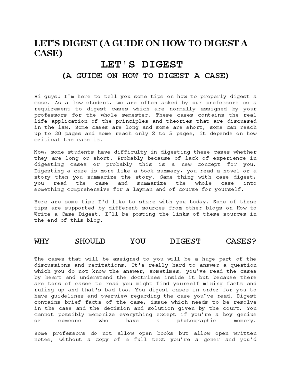 Guide ON HOW TO Digest A CASE - LET'S DIGEST (A GUIDE ON HOW TO DIGEST ...