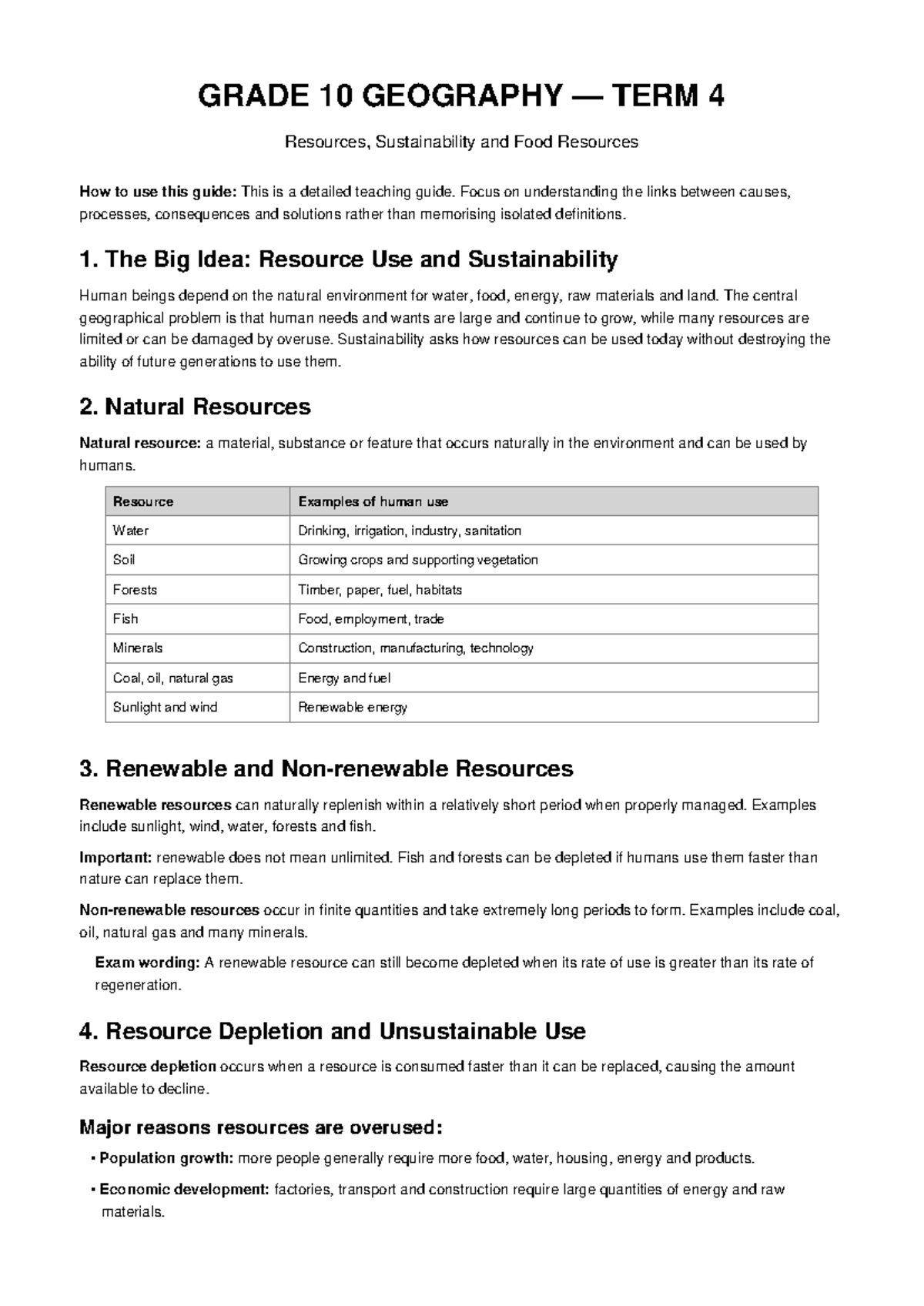 Grade 10 Geography Term 4: Resources, Sustainability & Food Security ...
