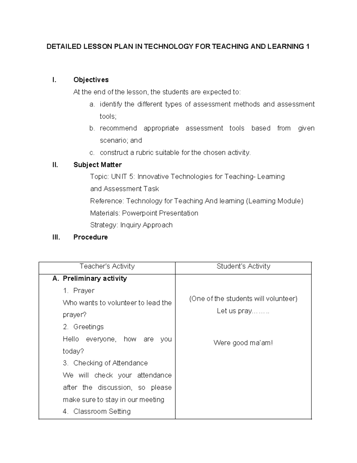 Detailed Lesson Plan on Innovative Tech in Teaching (TLE 1) - Studocu