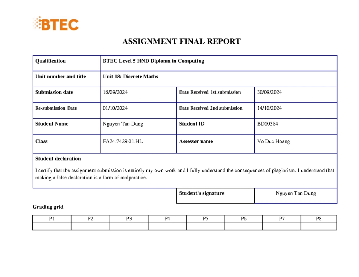 Assignment 1 Frontsheet: BTEC HND Computing (Unit 17) Report - Studocu