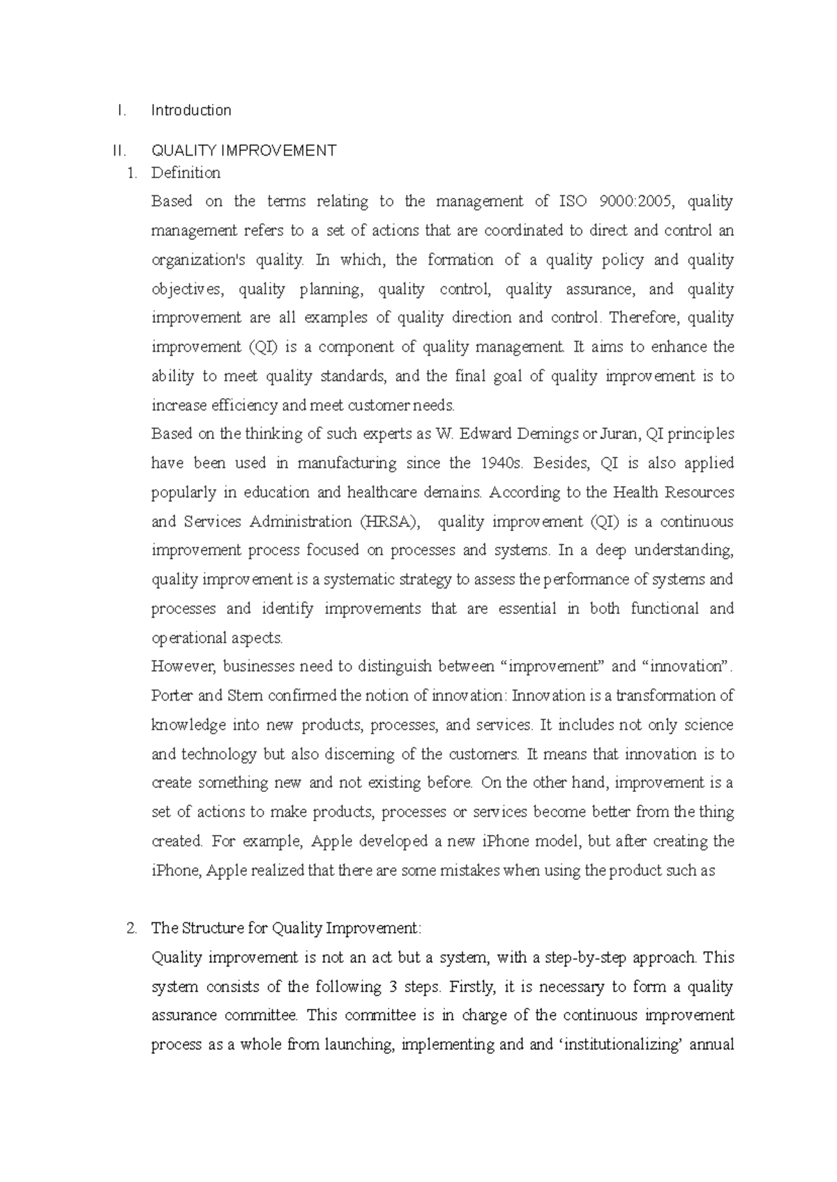 Quality Improvement Strategies and Case Study Analysis (Course Code ...