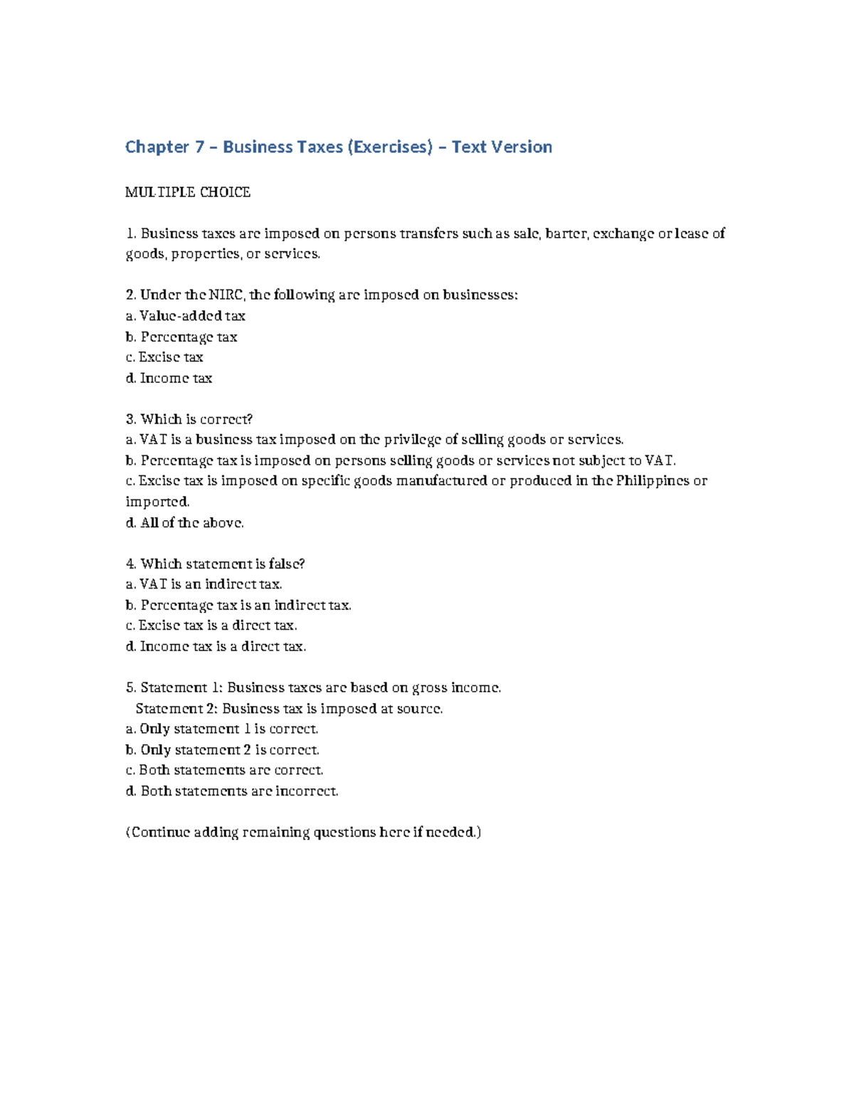 Chapter 7 Business Taxes (Exercises) - Multiple Choice Questions - Studocu