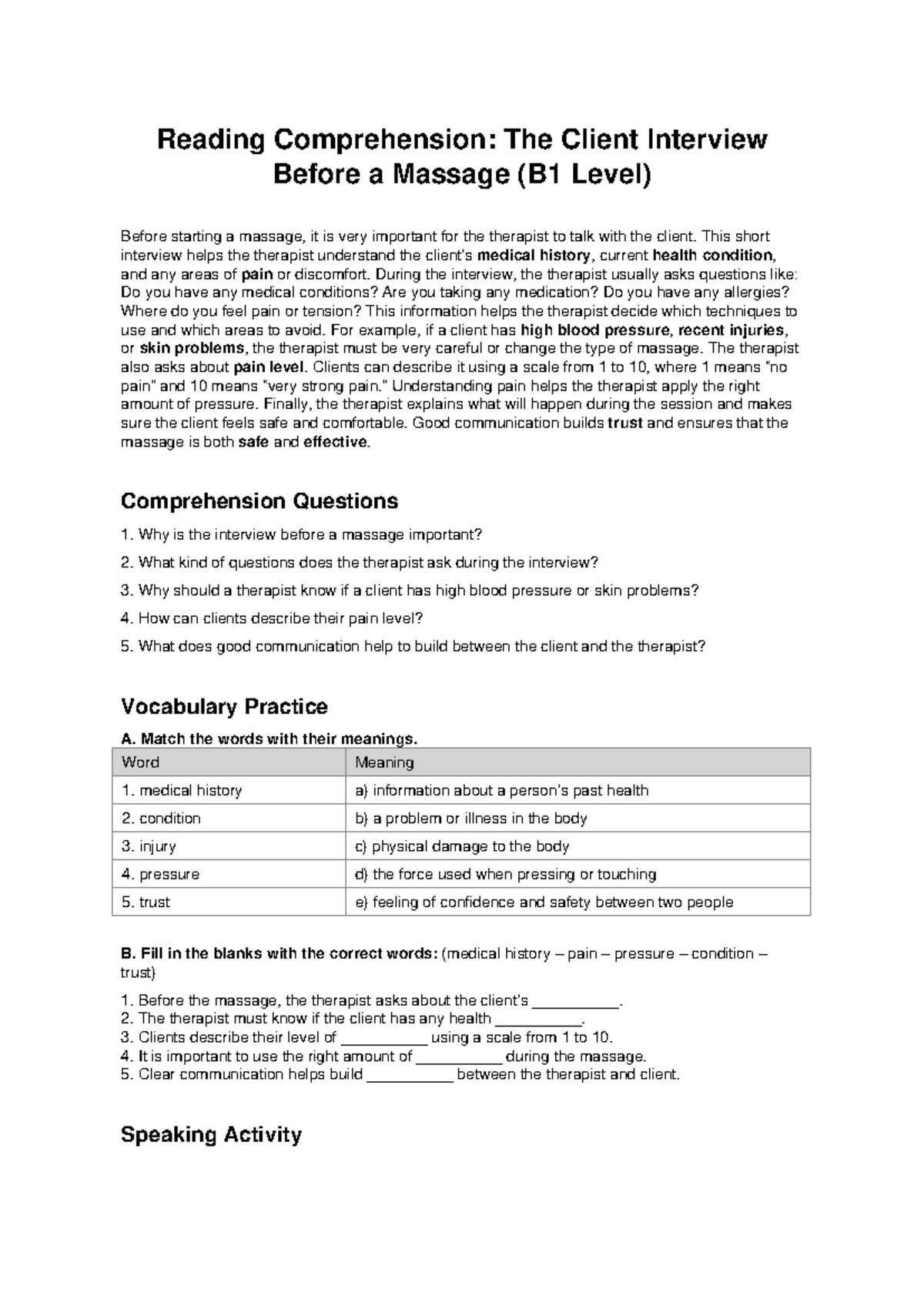 B1 Level Reading: Client Interview for Massage Therapists - Studocu