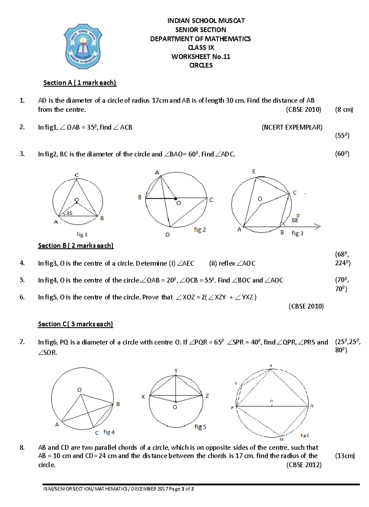 Class IX Mathematics Circles Worksheet 11 - ISM/SENIOR SECTION ...