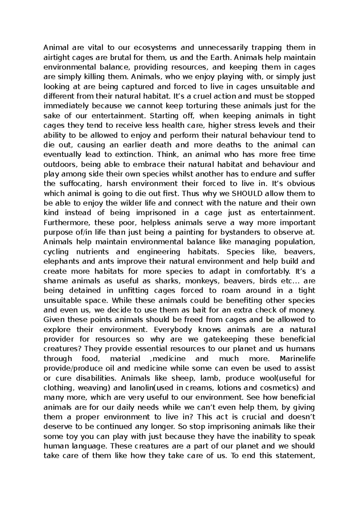 ENG 101 Essay: The Cruelty of Caging Animals and Its Impact on ...