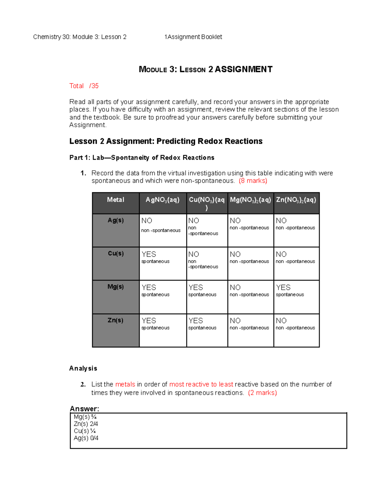 Chem 30 Unit 2 Mod 3 Lesson 2 Assignment: Redox Reactions Analysis ...
