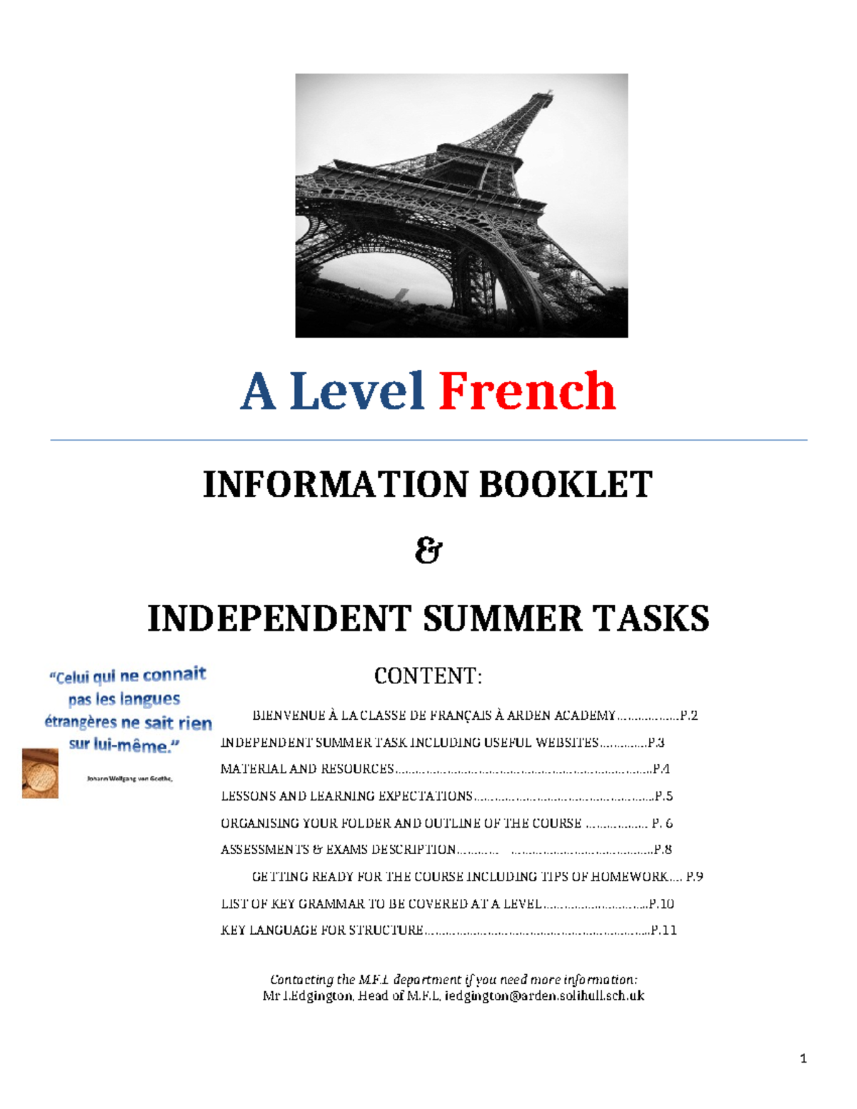 A Level French booklet independent summer tasks June 2019 - A Level ...