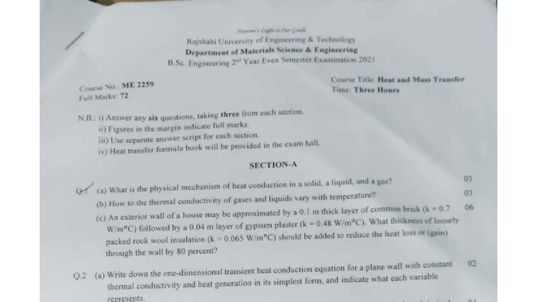 Heat and Mass Transfer Exam Notes - ME 2259 - Rajshahi University - Studocu