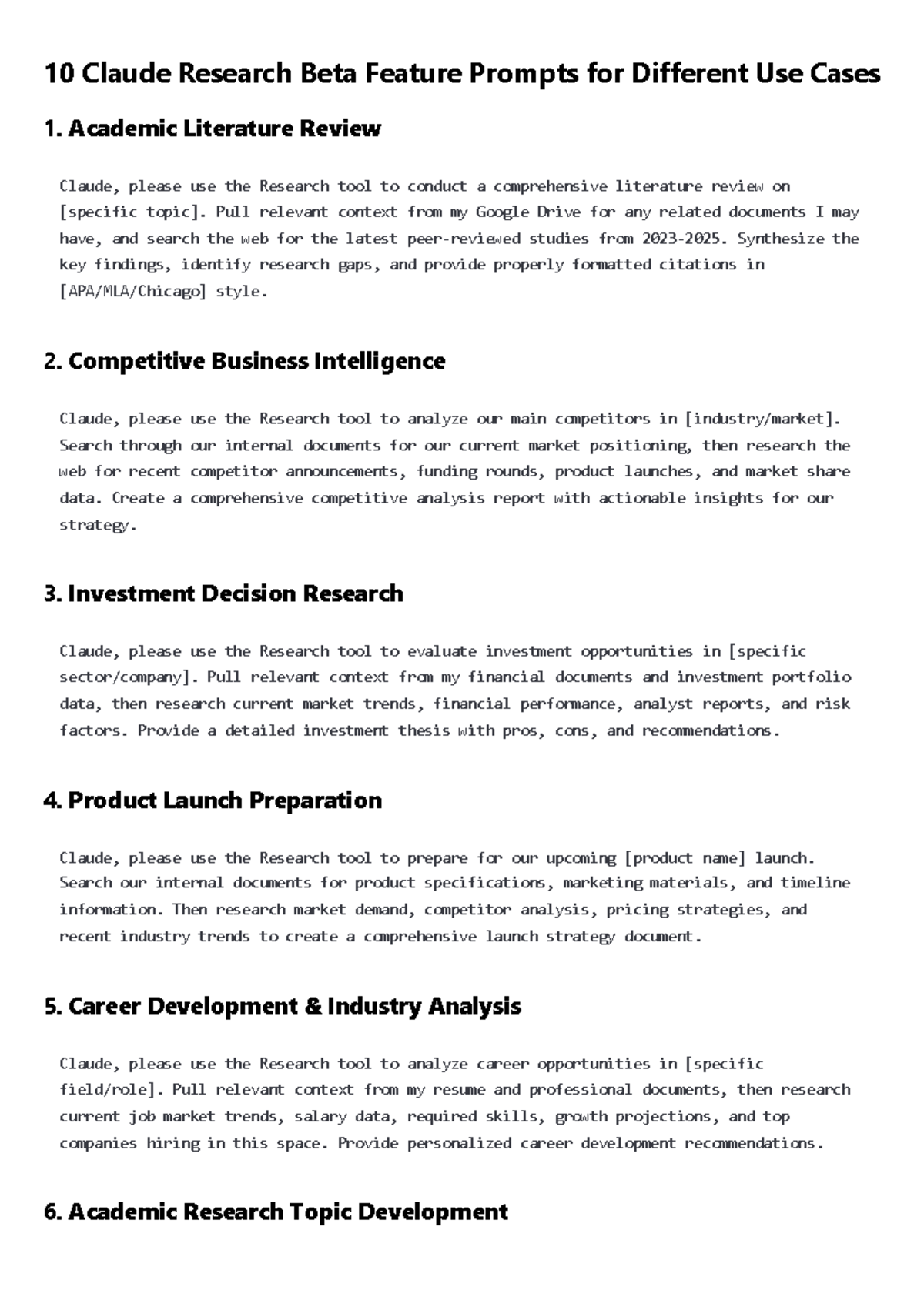 10 Claude Research Beta Feature Prompts for Diverse Applications - Studocu