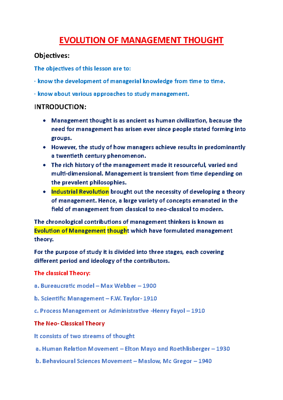 EVOLUTION OF MANAGEMENT THOUGHT: A Comprehensive Overview - Studocu