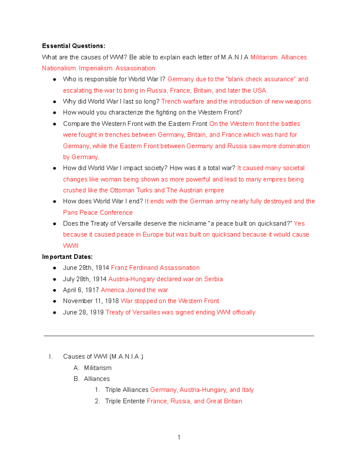 Study Guide: Causes and Impacts of WWI (HIST 101) - Studocu