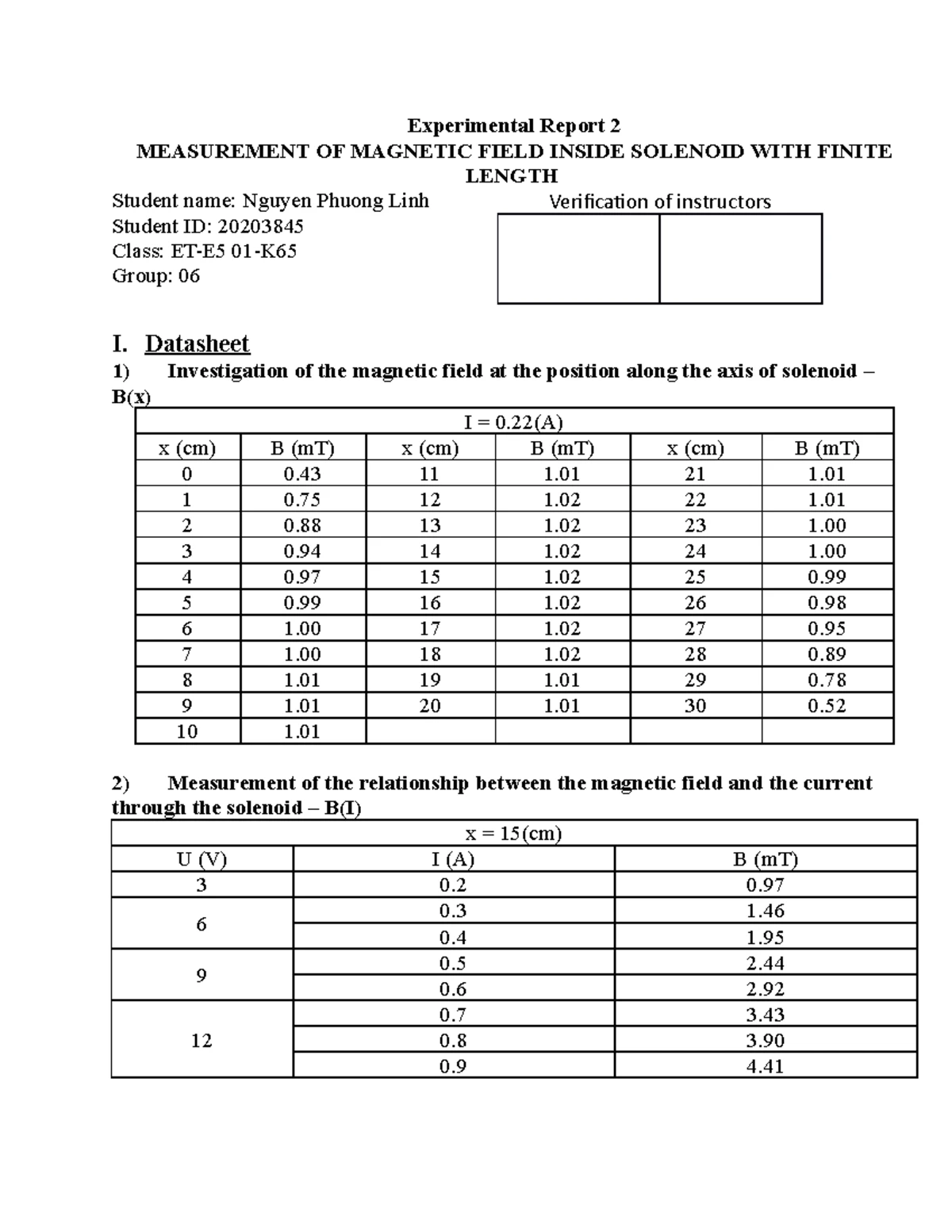 LAB- Report-2 - bao cao tn vl2 - Experimental Report 2 VERIFICATION OF ...