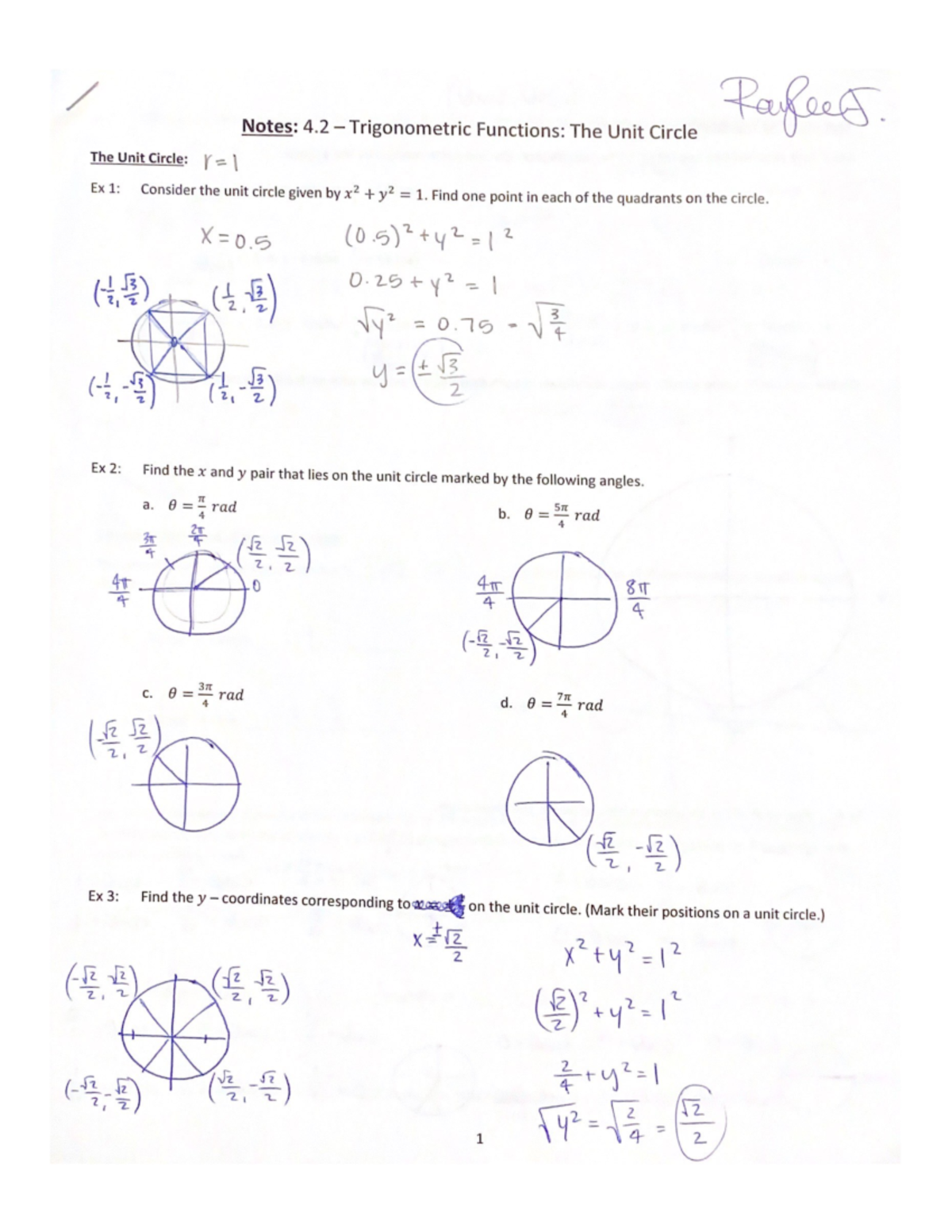 4.2 Notes - Trigonometric Functions The Unit Circle - Find one point in ...