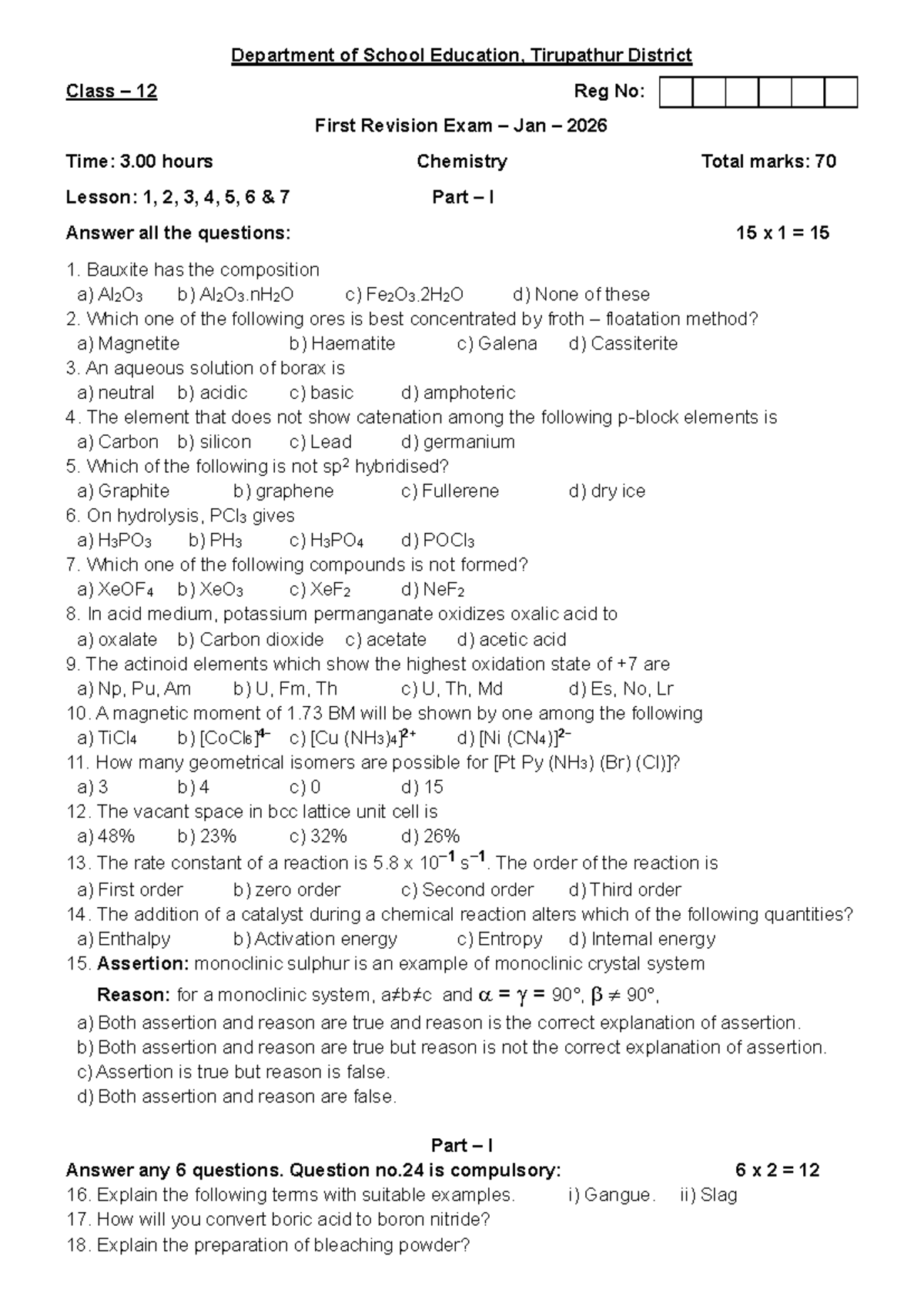 Class 12 Chemistry Revision Exam Jan 2026 - Lessons 1 to 7 - Studocu