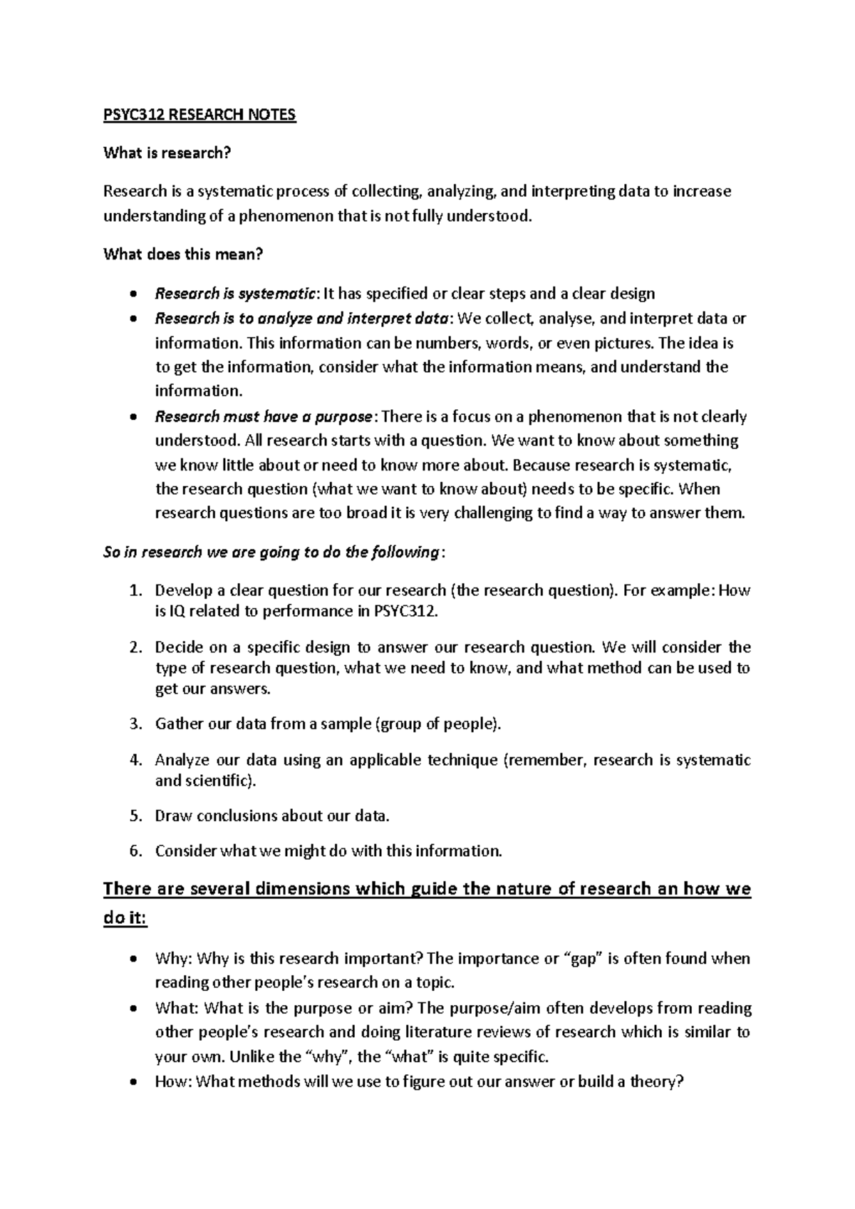 PSYC312 Research Notes - PSYC312 RESEARCH NOTES What is research ...