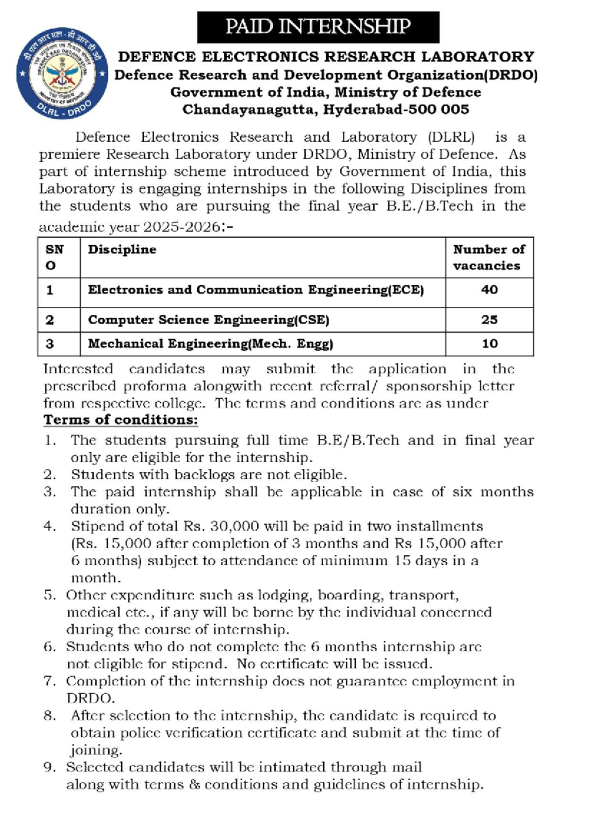 Advt DLRL PI24062025 - Paid Internship Opportunities at Defence ...