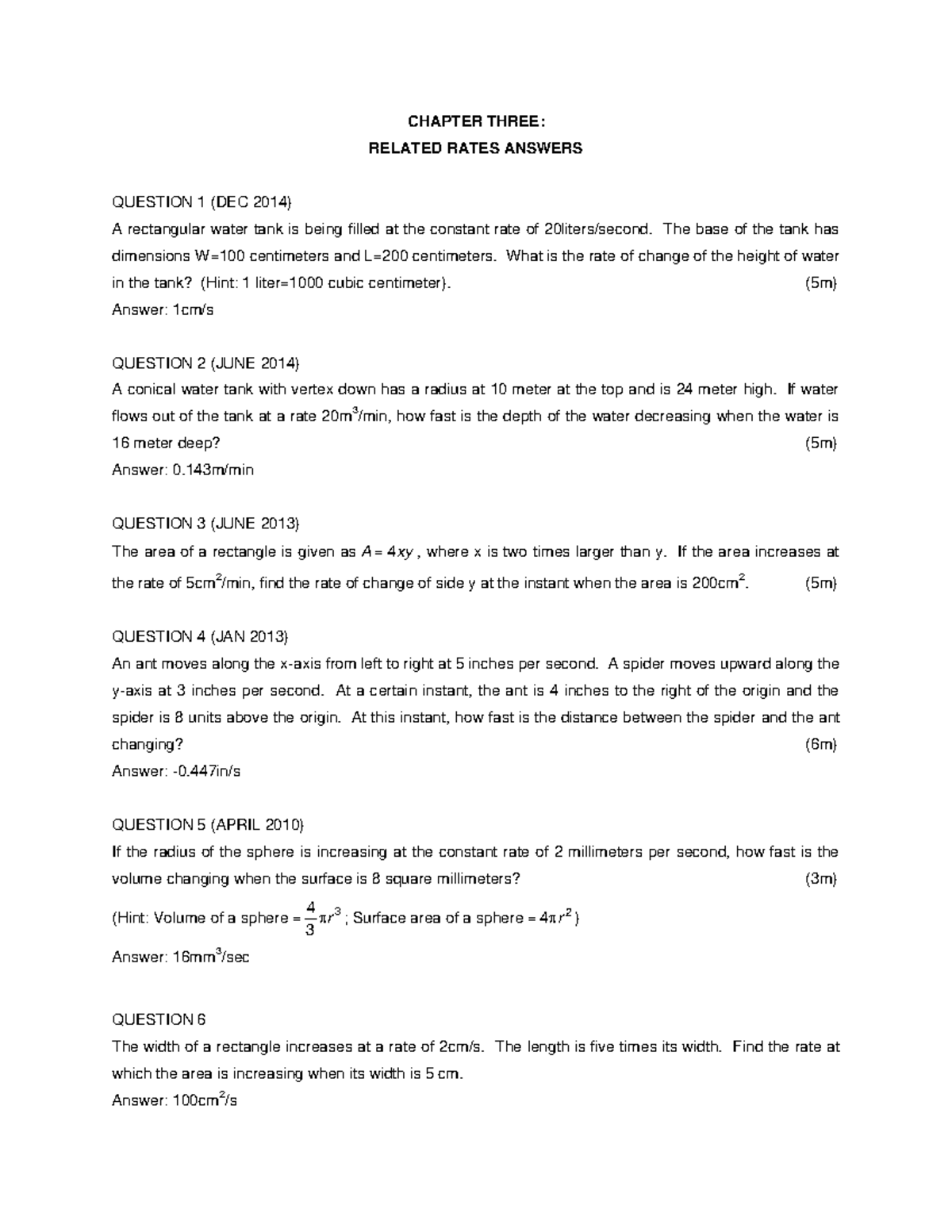 Chapter Three Related Rates Exercises Answer - CHAPTER THREE: RELATED ...