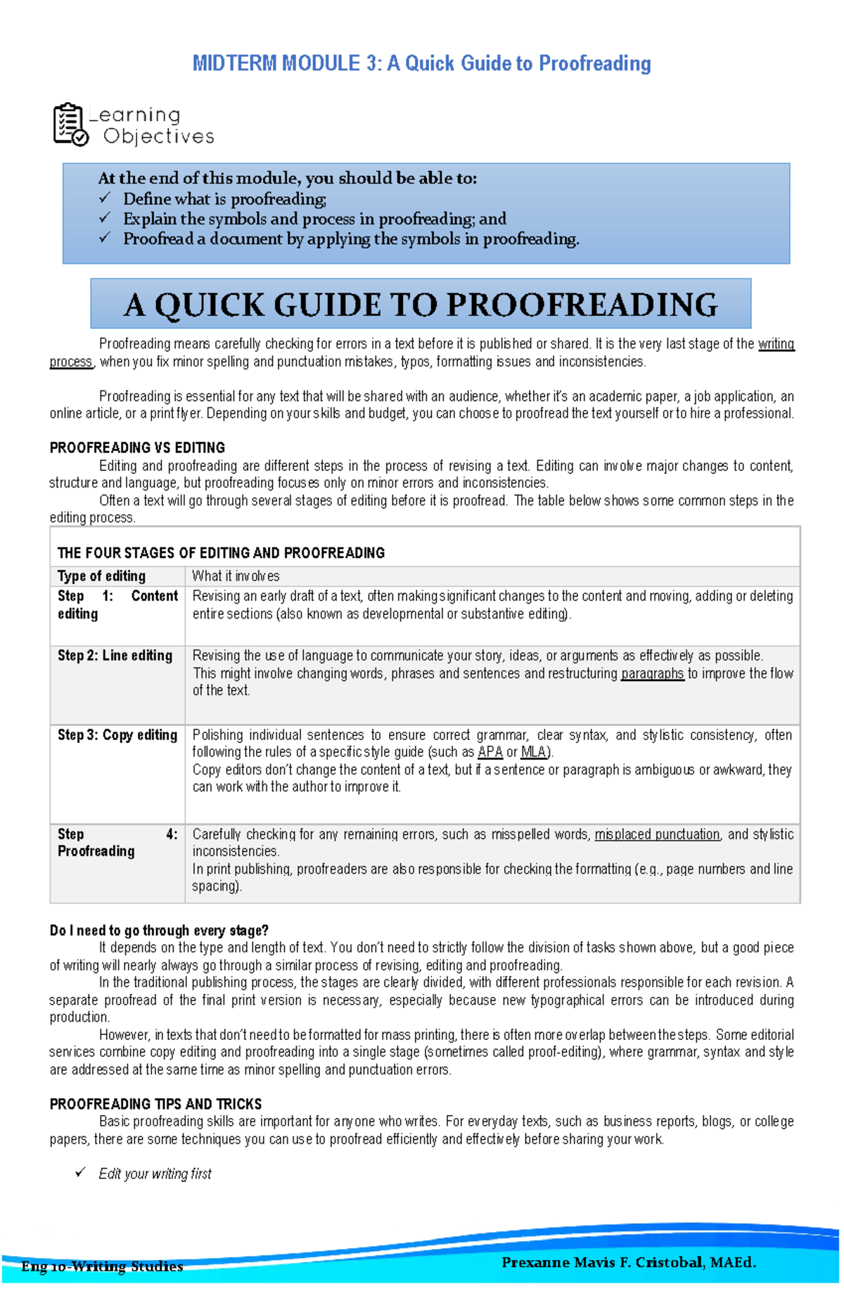 ENG 10 MIDTERM MODULE 3: Essential Proofreading Techniques - Studocu