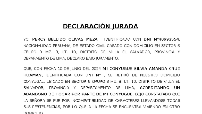 Declaración Jurada de Abandono de Hogar - Percy Bellido Olivas - Studocu