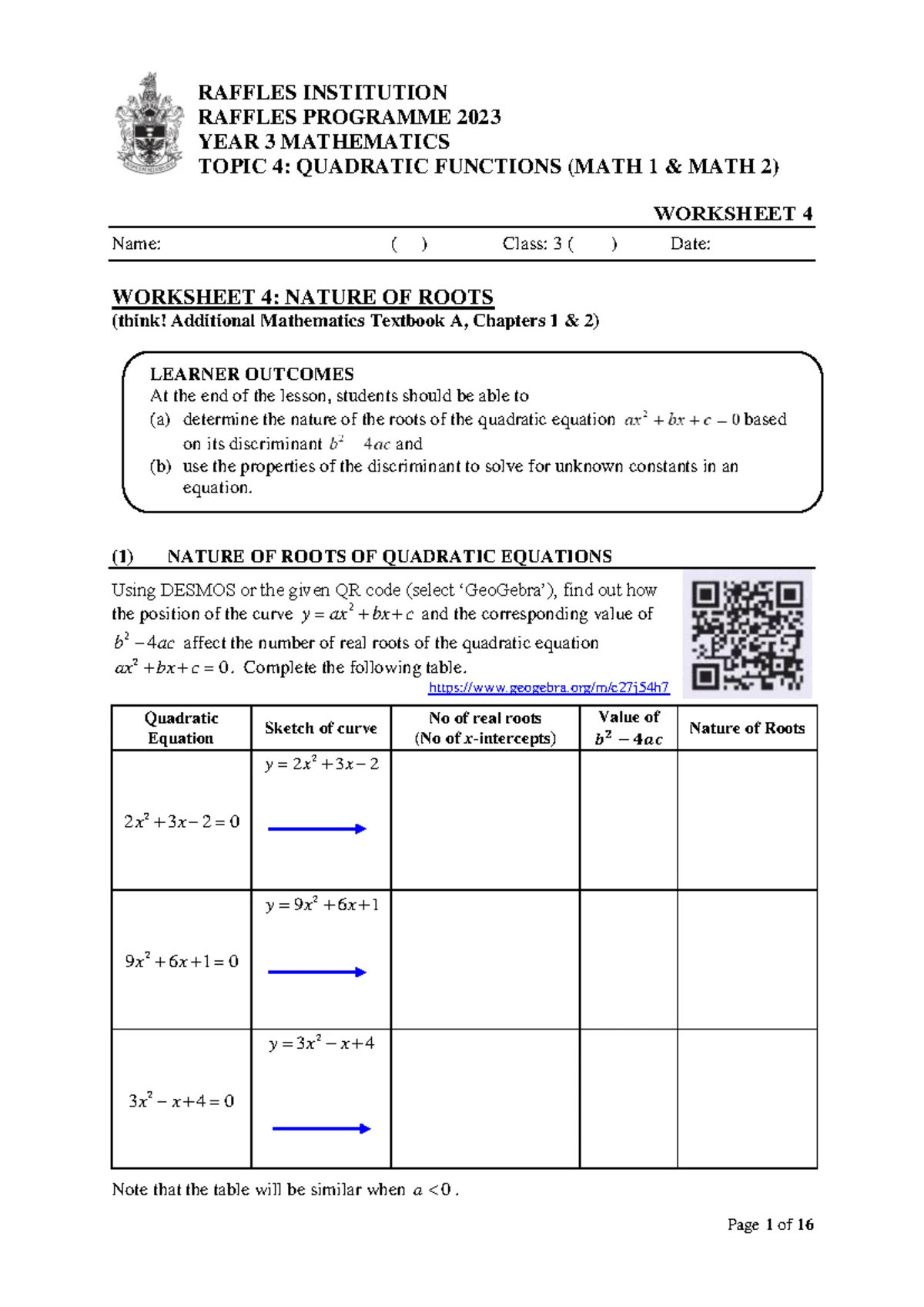 RAFFLES INSTITUTION MATHS 1 & 2 YEAR 3 TOPICAL QUIZ: COORDINATE ...