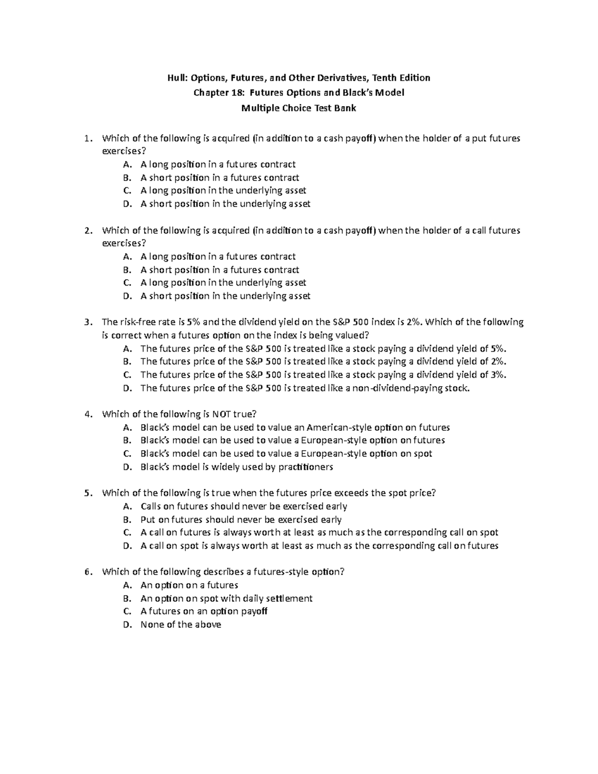 **FIN 301: Multiple Choice Questions - Futures Options Concepts** - Studocu