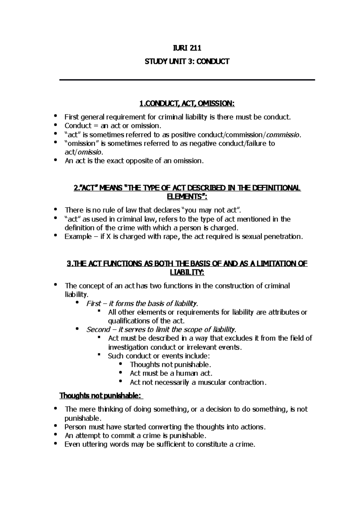 Conduct - IURI 211 STUDY UNIT 3 : CONDUCT 1 .CONDUCT, ACT, OMISSION ...