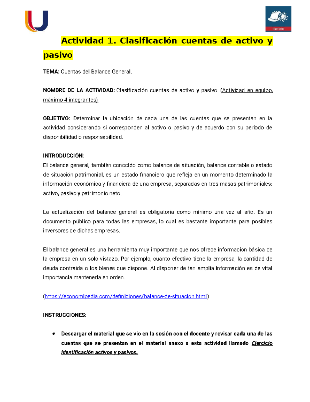 Actividad 1: Clasificación de Cuentas de Activo y Pasivo en el Balance ...