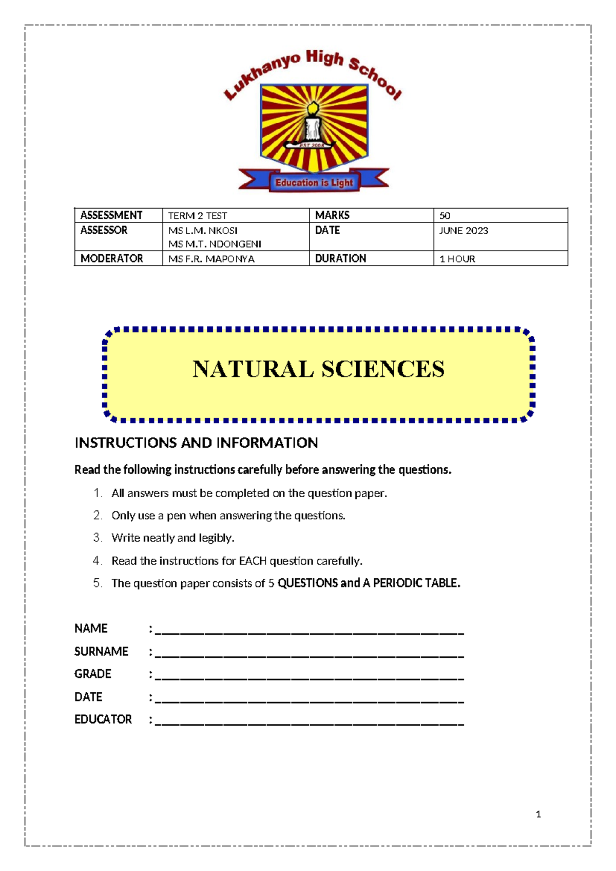 NS Grade 08 Term 2 Test - Natural Sciences Assessment - Studocu