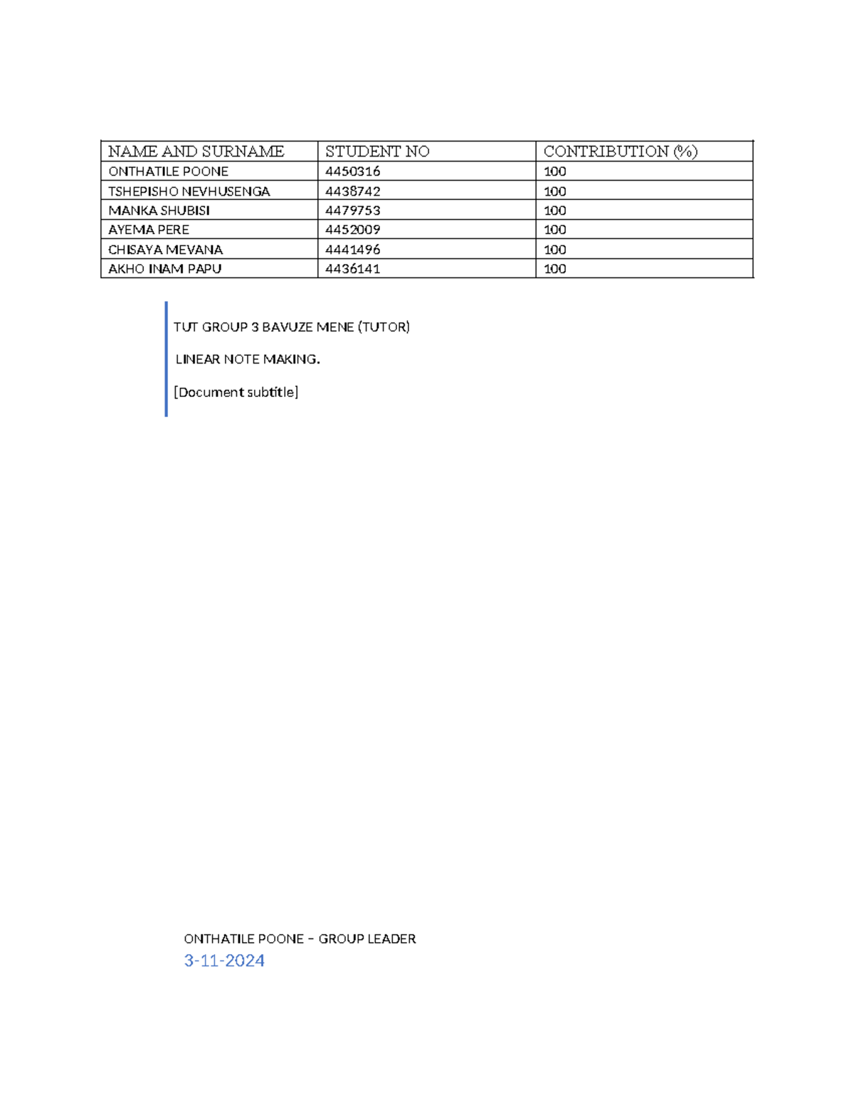 Linear NOTE Making Group 1 (1) - fim342 - NAME AND SURNAME STUDENT NO ...