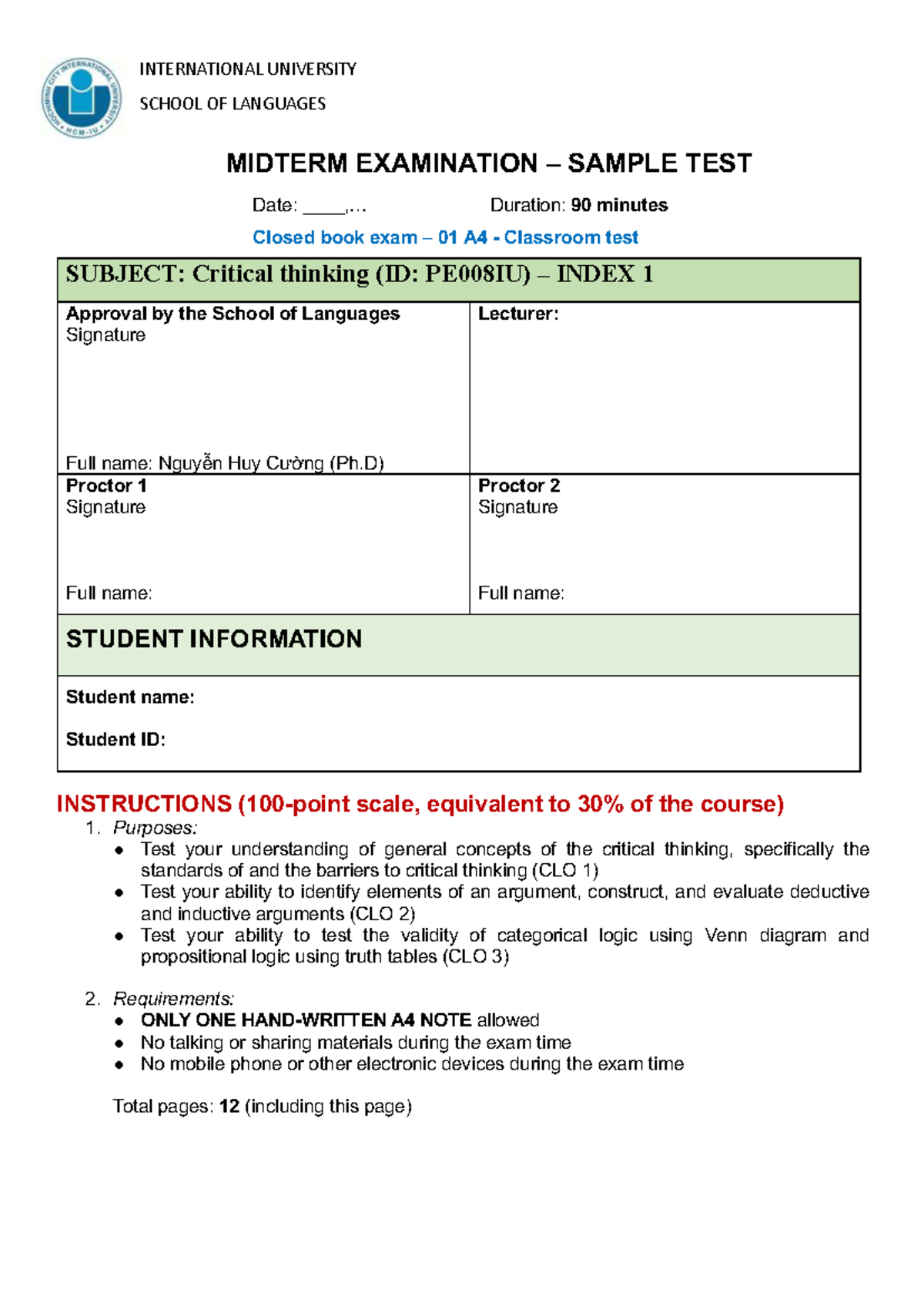 CT PE008IU Midterm Exam Sample Test: Critical Thinking Review - Studocu
