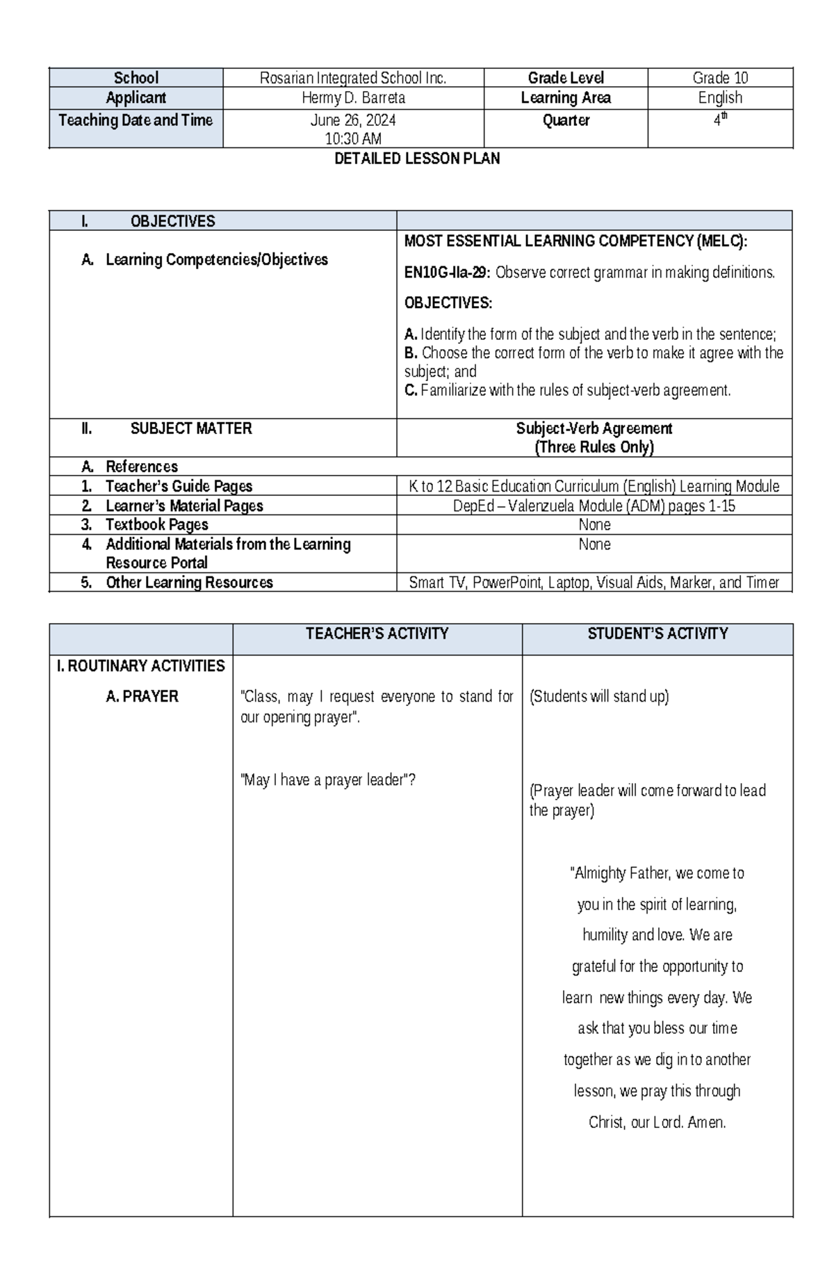 Grade 10 English SVA Detailed Lesson Plan on Subject-Verb Agreement ...