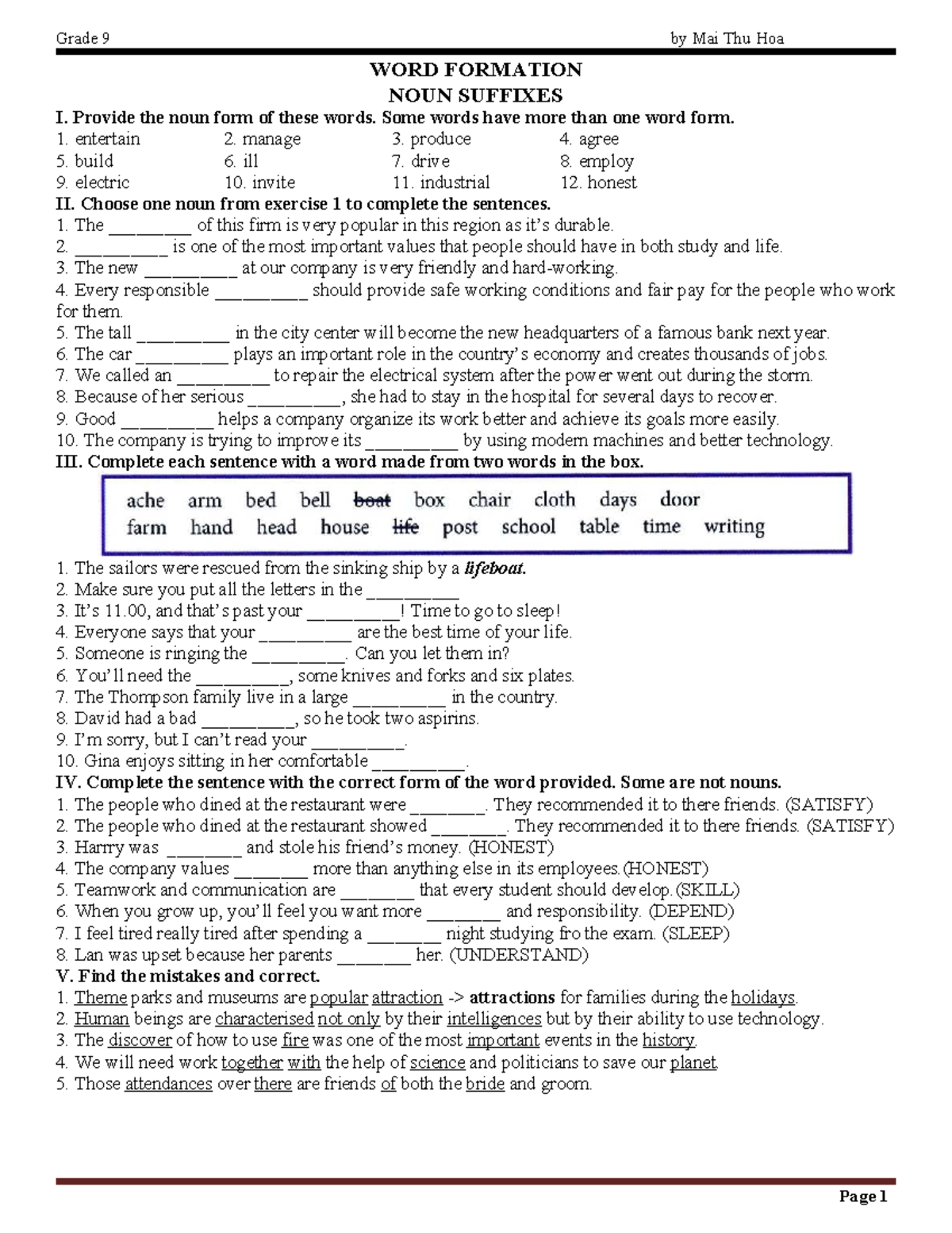 Grade 9 WORD FORMATION: Noun Suffixes Exercises and Answers - Studocu