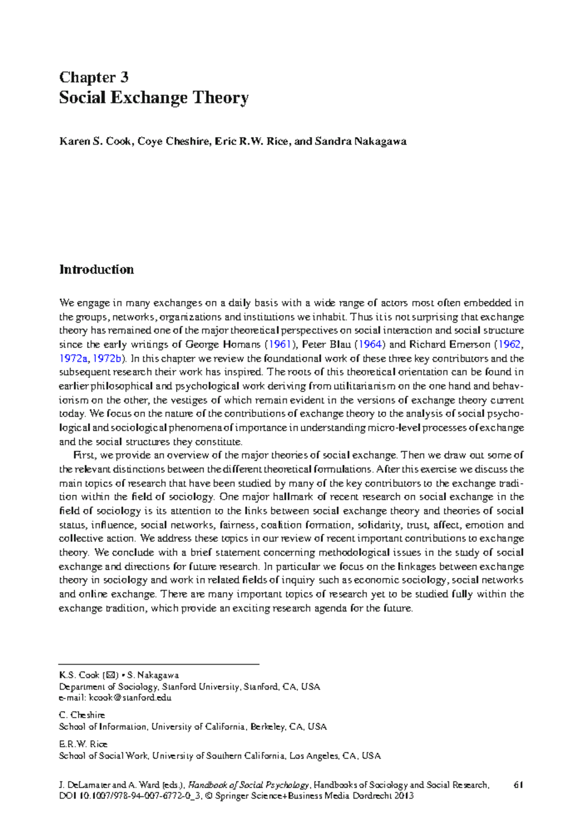 Social Exchange Theory Overview - SOC 101 Chapter 3 Notes - Studocu