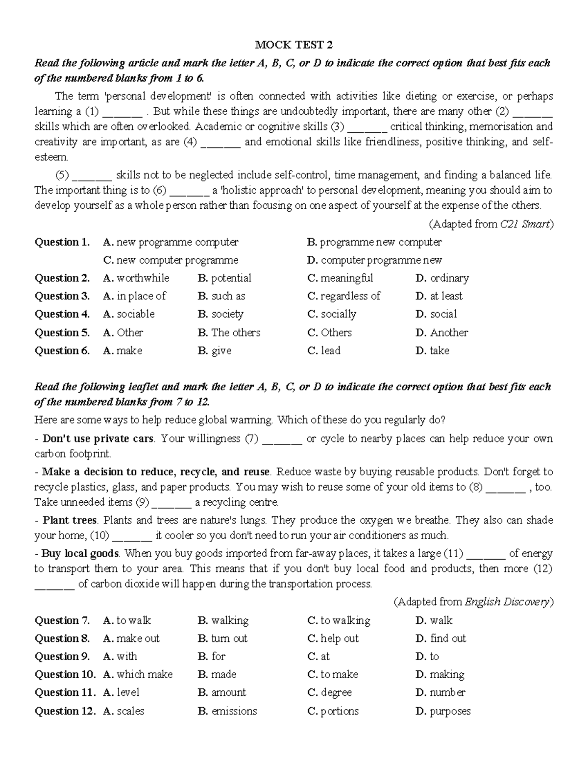 MT2 - Mock Test 2: Reading Comprehension & Grammar Exercises - Studocu