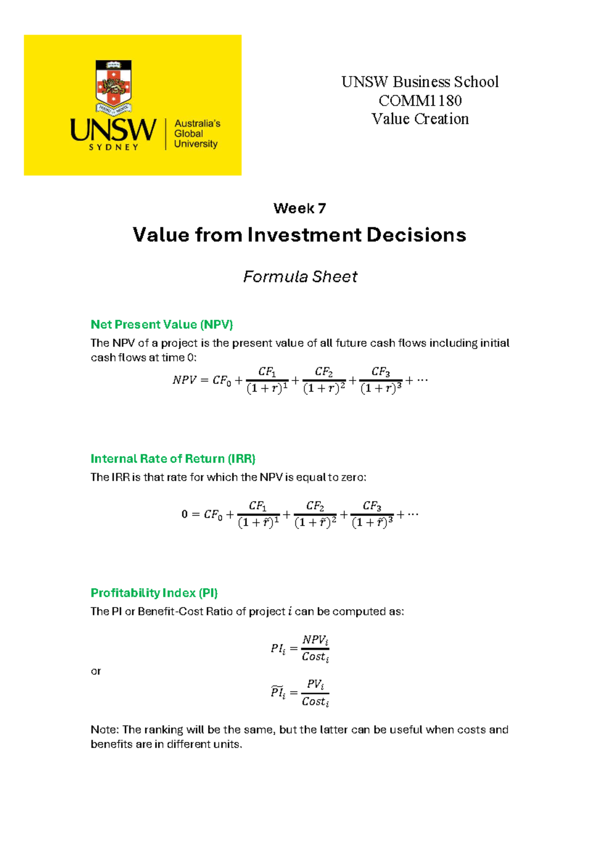 UNSW COMM1180 Week 7 NPV & Investment Decisions Formula Sheet - Studocu