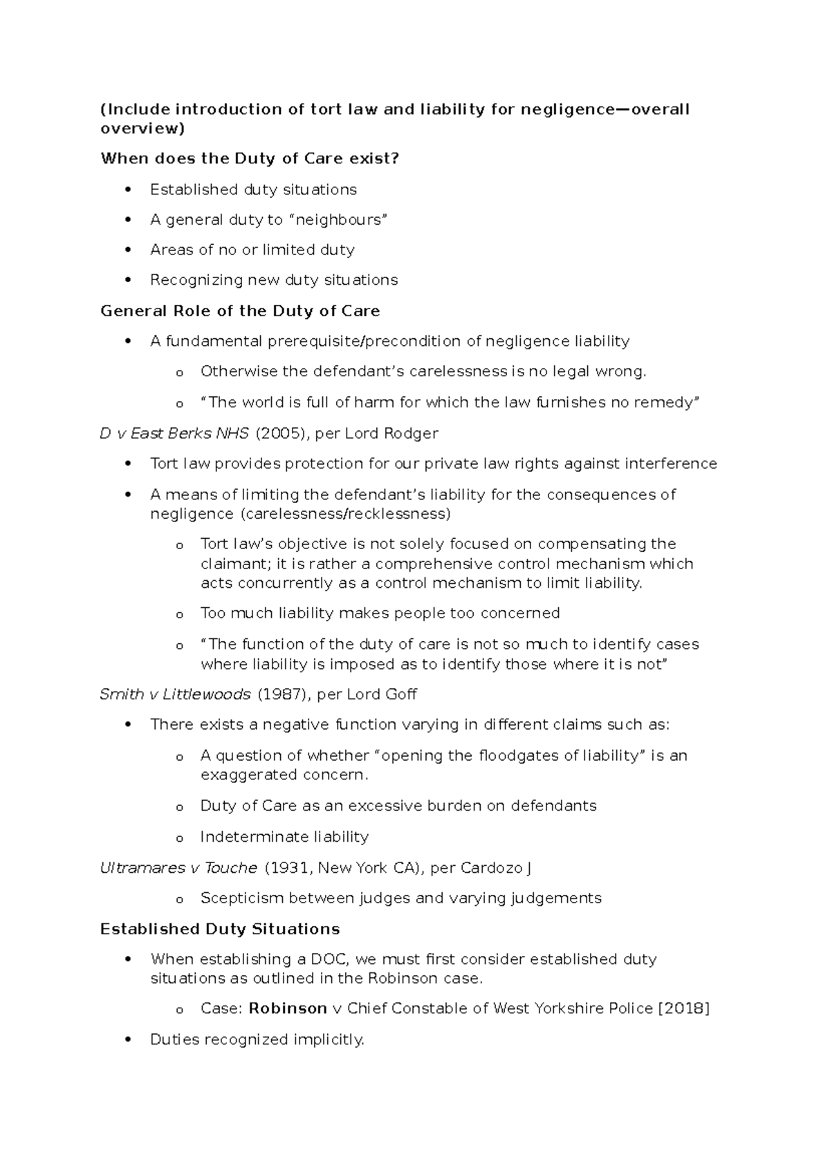 Tort Law Overview: Duty of Care, Liability, and Key Cases (TORT101 ...