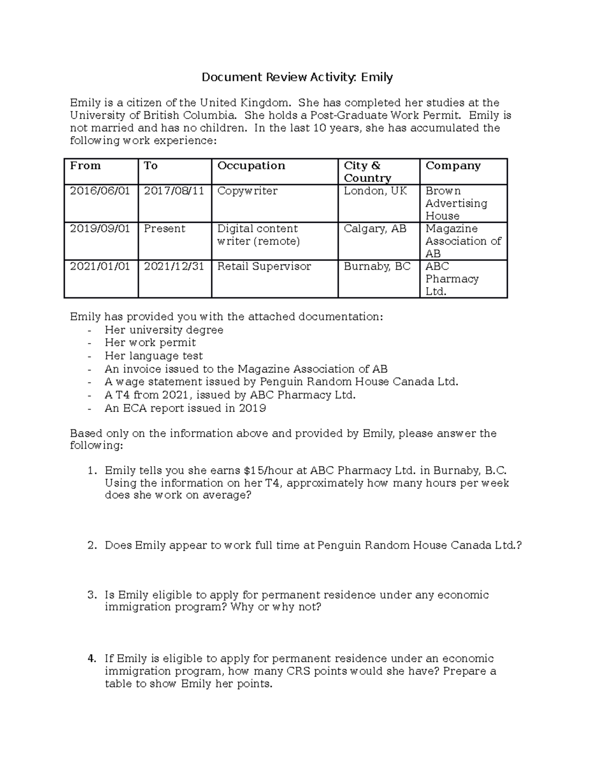 ICL890 M6 Client Document Review: Emily's Immigration Case Study - Studocu