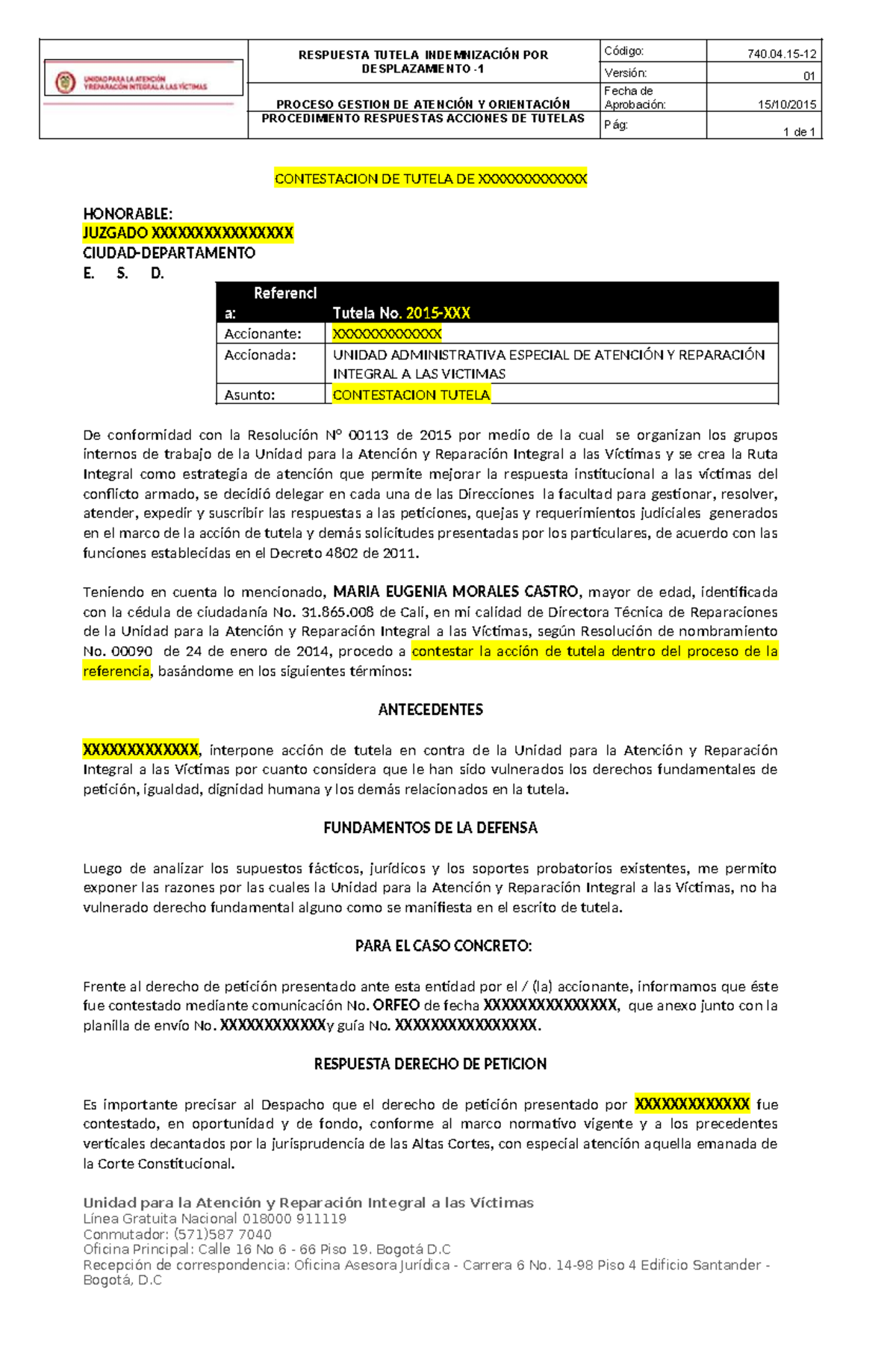 Contestación de Tutela 201572013210291: Indemnización por ...