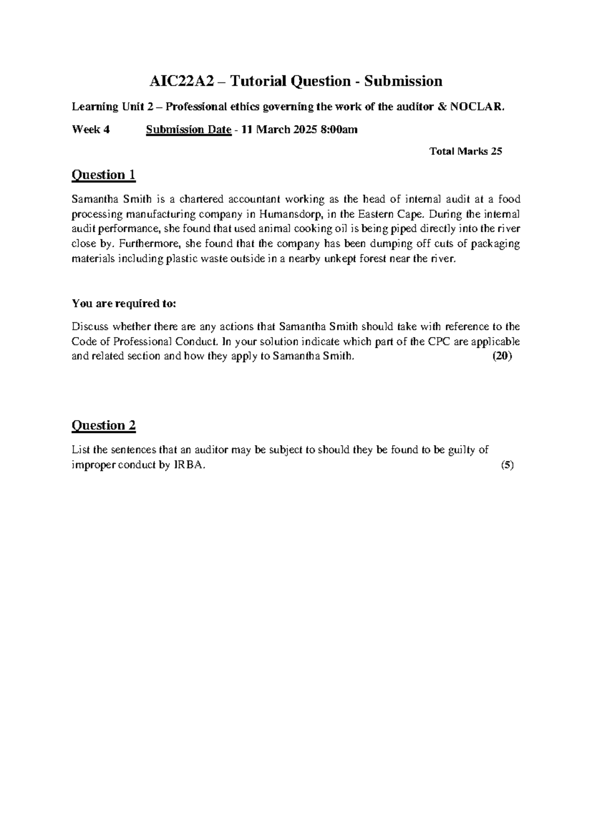 Unit 2 Tutorial Question - Week 4 (For submission) - AIC22A2 – Tutorial ...