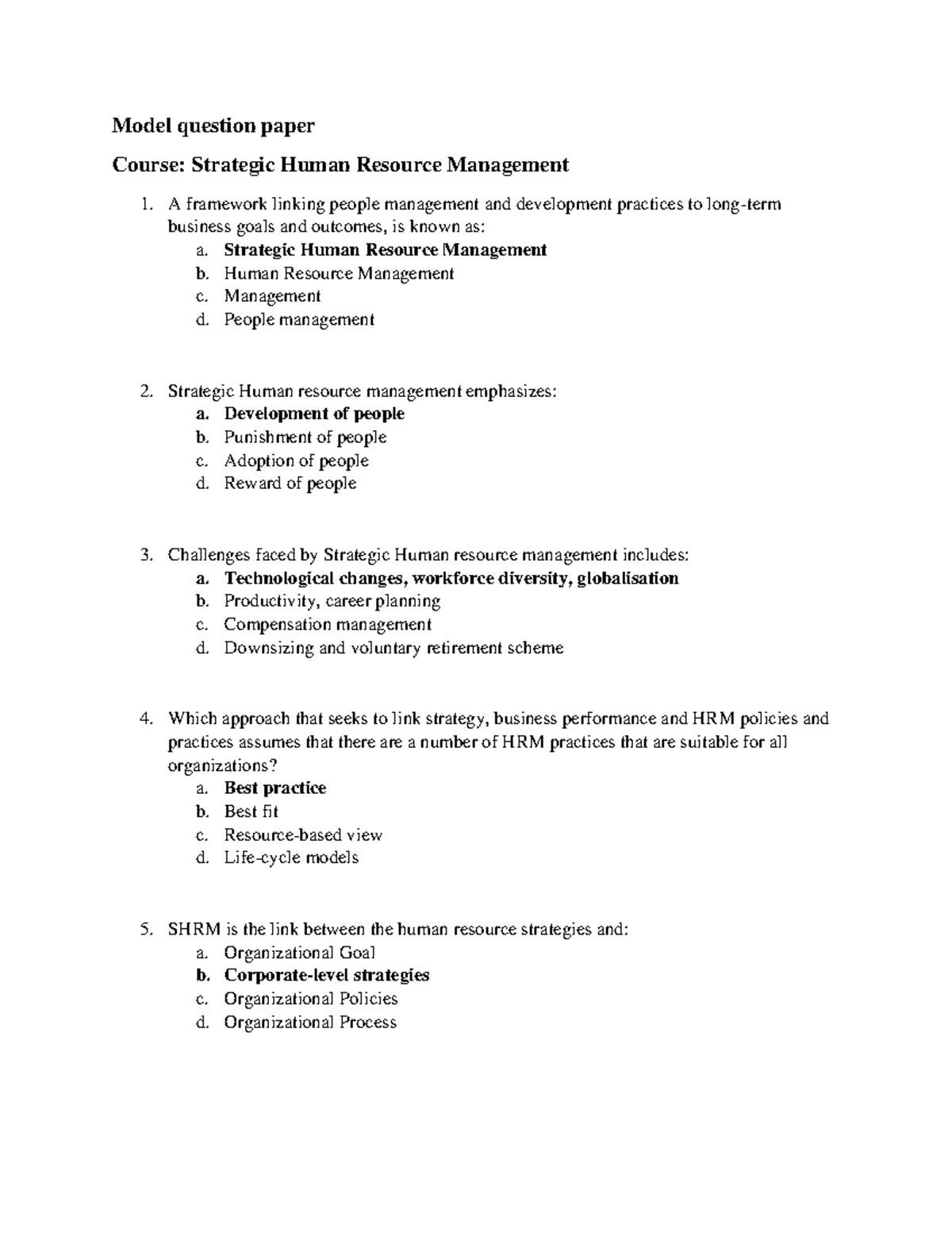 Strategic HRM Quiz Question Paper (SHRM 101) - Studocu