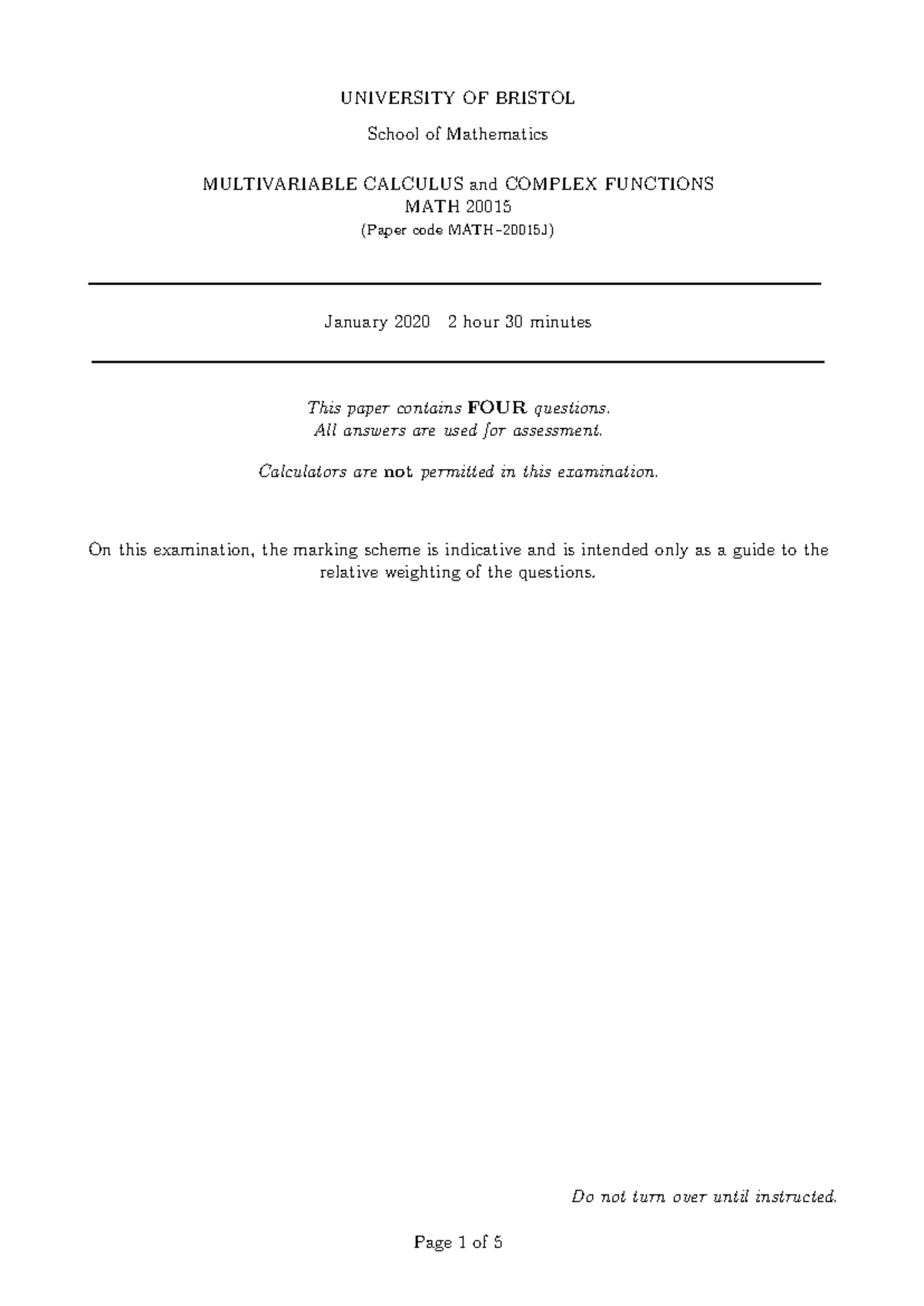 MATH 20015 Multivariable Calculus & Complex Functions Exam 2020 - Studocu