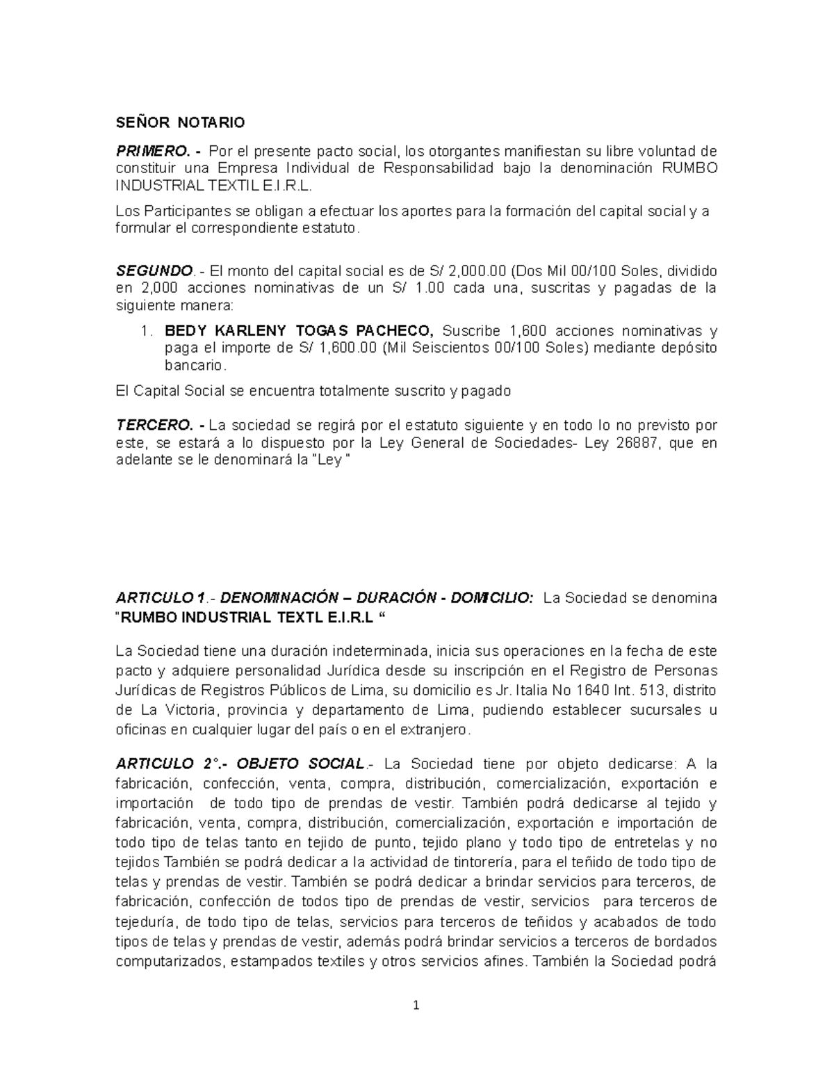 Acta de Constitución de RUMBO INDUSTRIAL TEXTIL E.I.R.L. - Document Preview