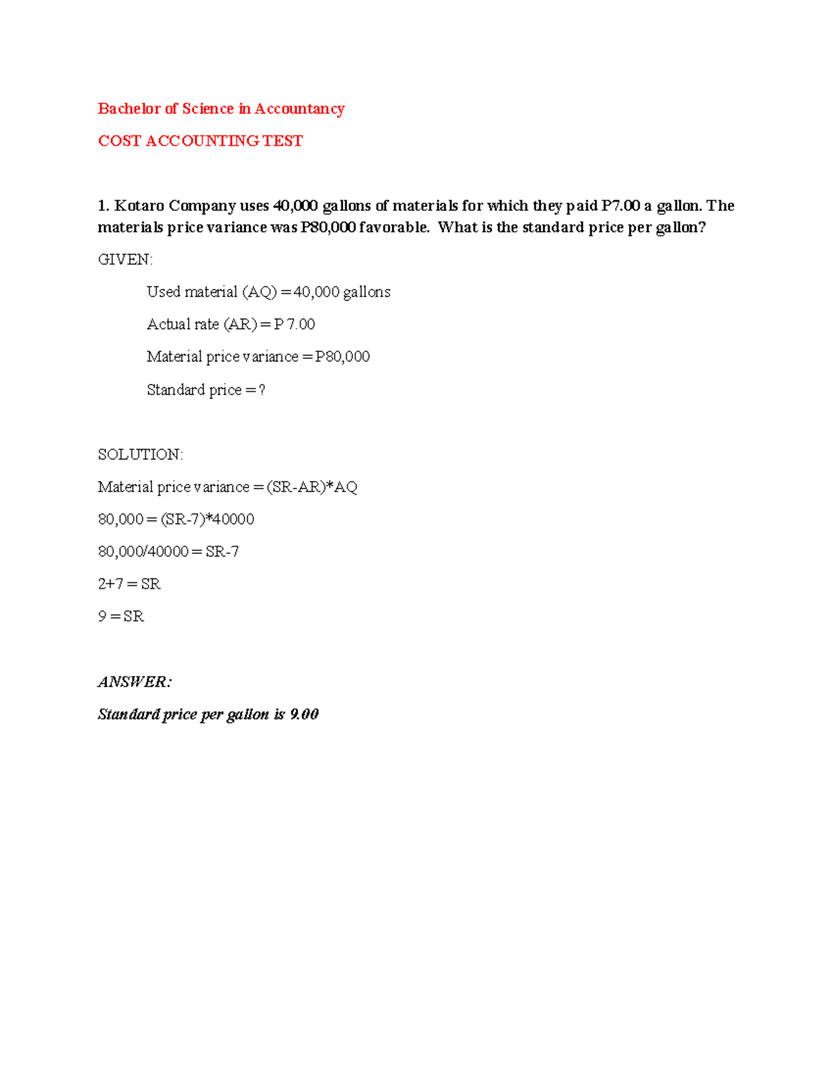 Cost Accounting Test - Problem Solving (BS Accountancy) - Studocu