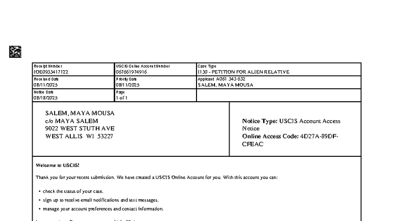 USCIS Account Access Notice for I130 Petition - A061 343 632 - Studocu