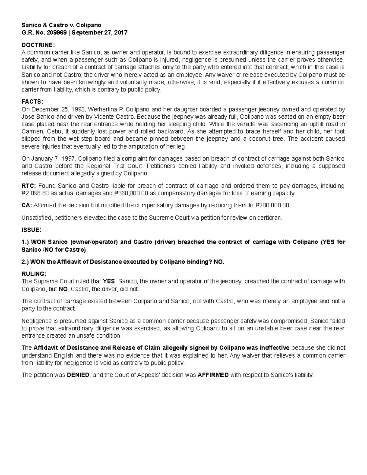 CASE Digest (CASE 1 - 10) on Common Carrier Liability and Negligence ...