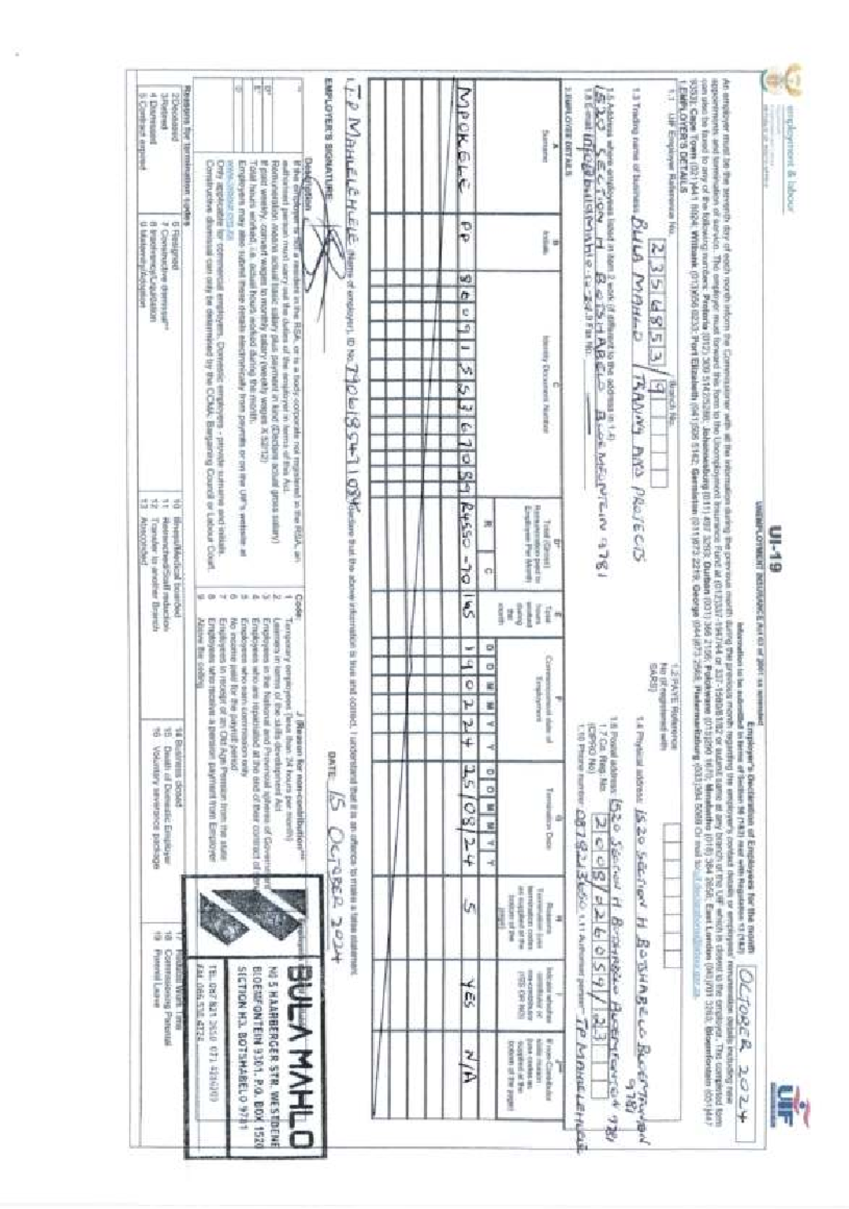UIF Declaration of Employees - October 2024 Submission Details - Studocu