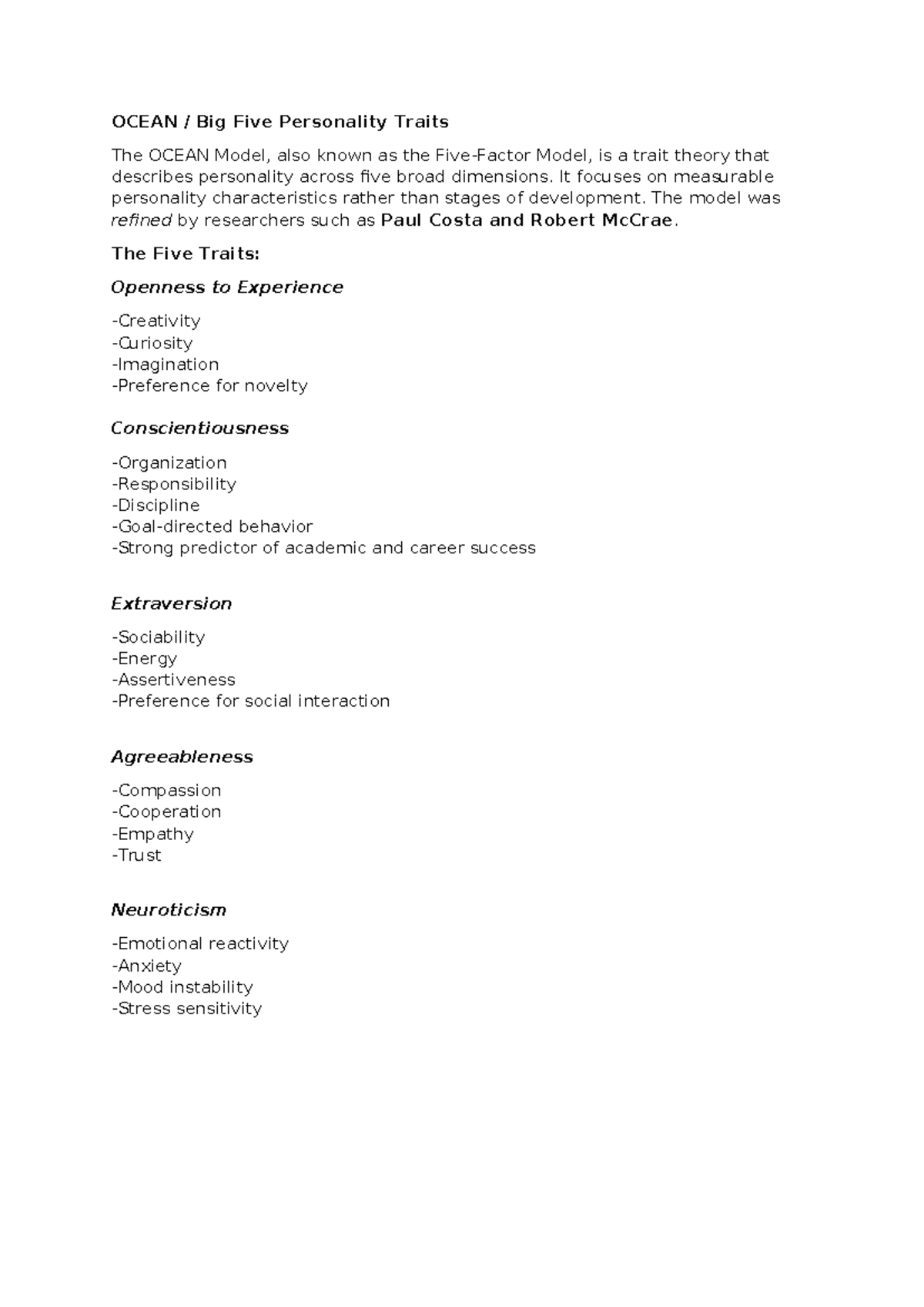 UTS 3 - Notes - OCEAN / Big Five Personality Traits The OCEAN Model ...