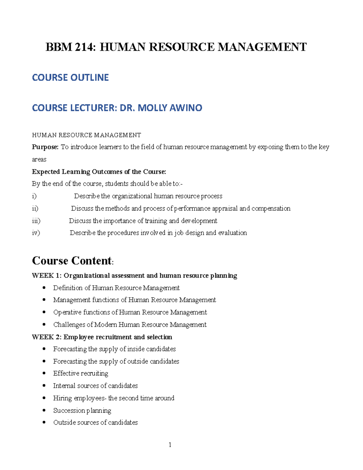 BBM 214: Detailed Course Outline for Human Resource Management - Studocu