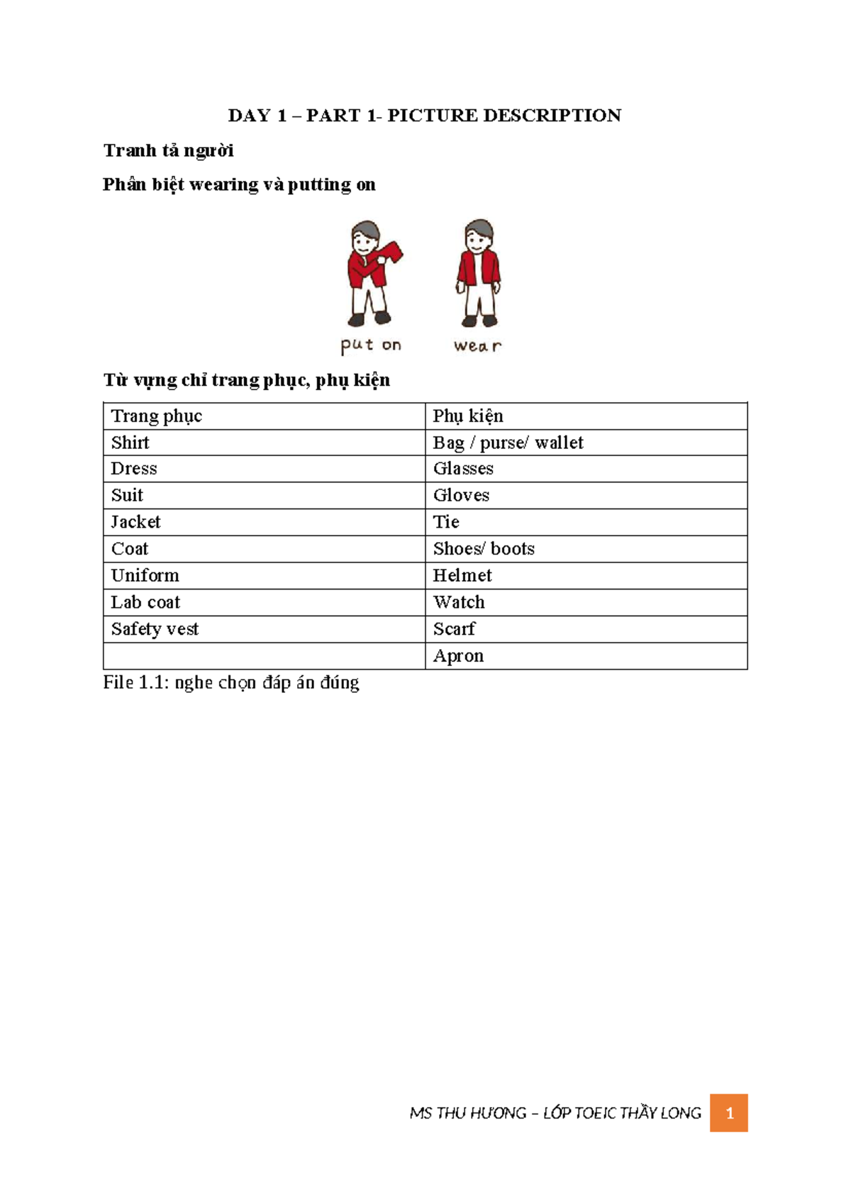 DAY 1 - PART 1: CLOTHING & ACCESSORIES VOCABULARY - Studocu