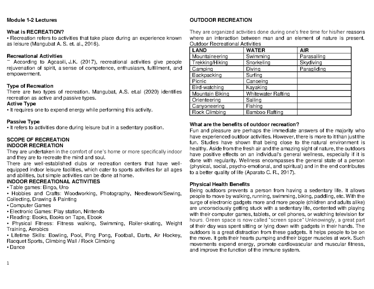 PE4 Module 1-8: Exploring Types of Recreation and Their Benefits - Studocu